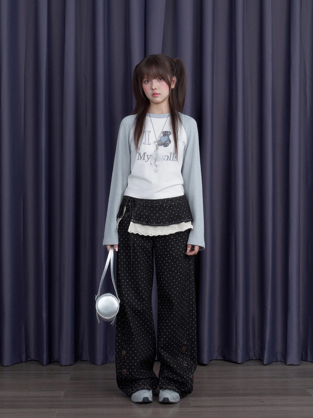 SagiDolls Gray White Spliced Plaid Bear Embroidered Women's Cotton Long Sleeve T-shirts