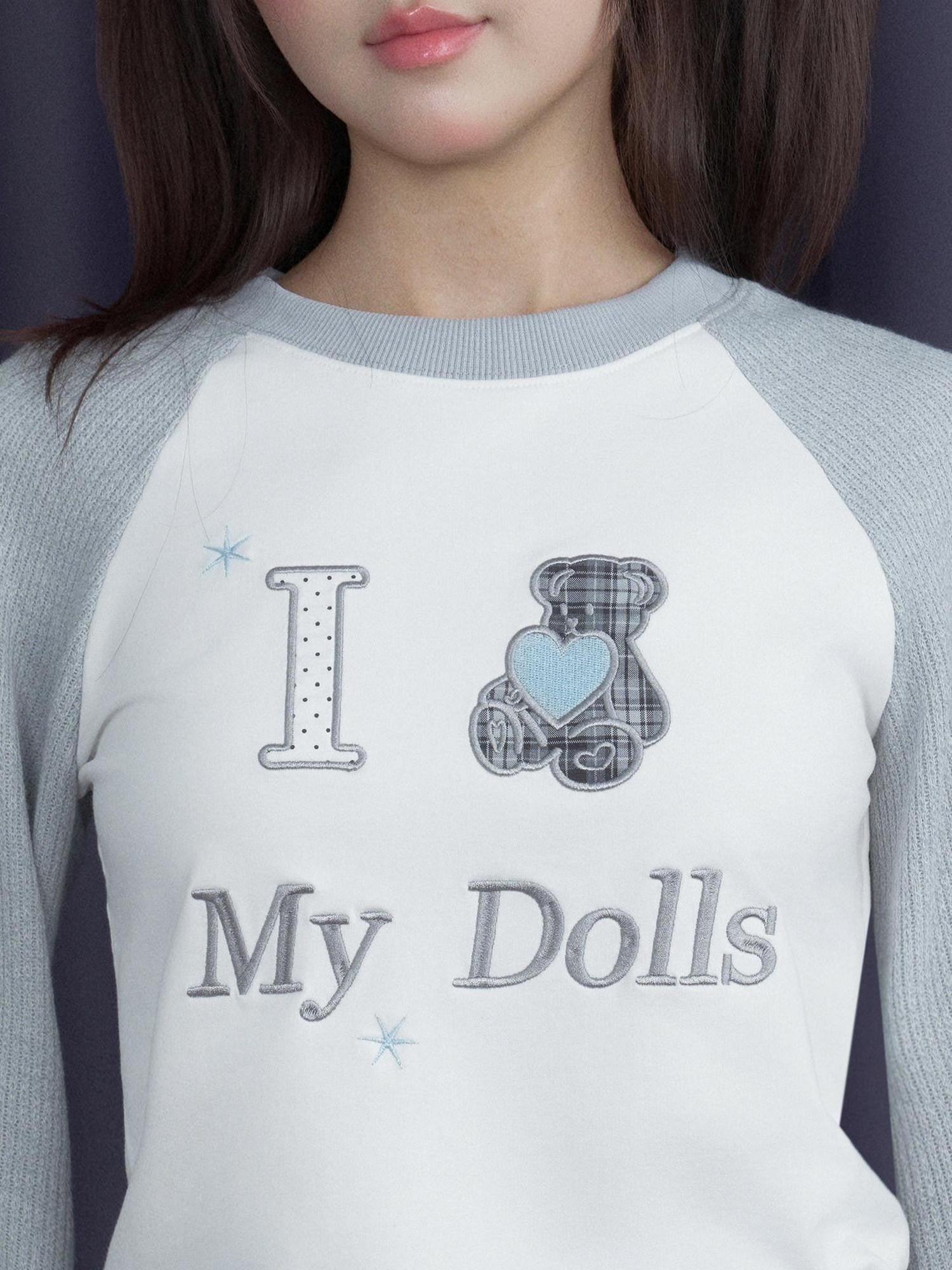 SagiDolls Gray White Spliced Plaid Bear Embroidered Women's Cotton Long Sleeve T-shirts