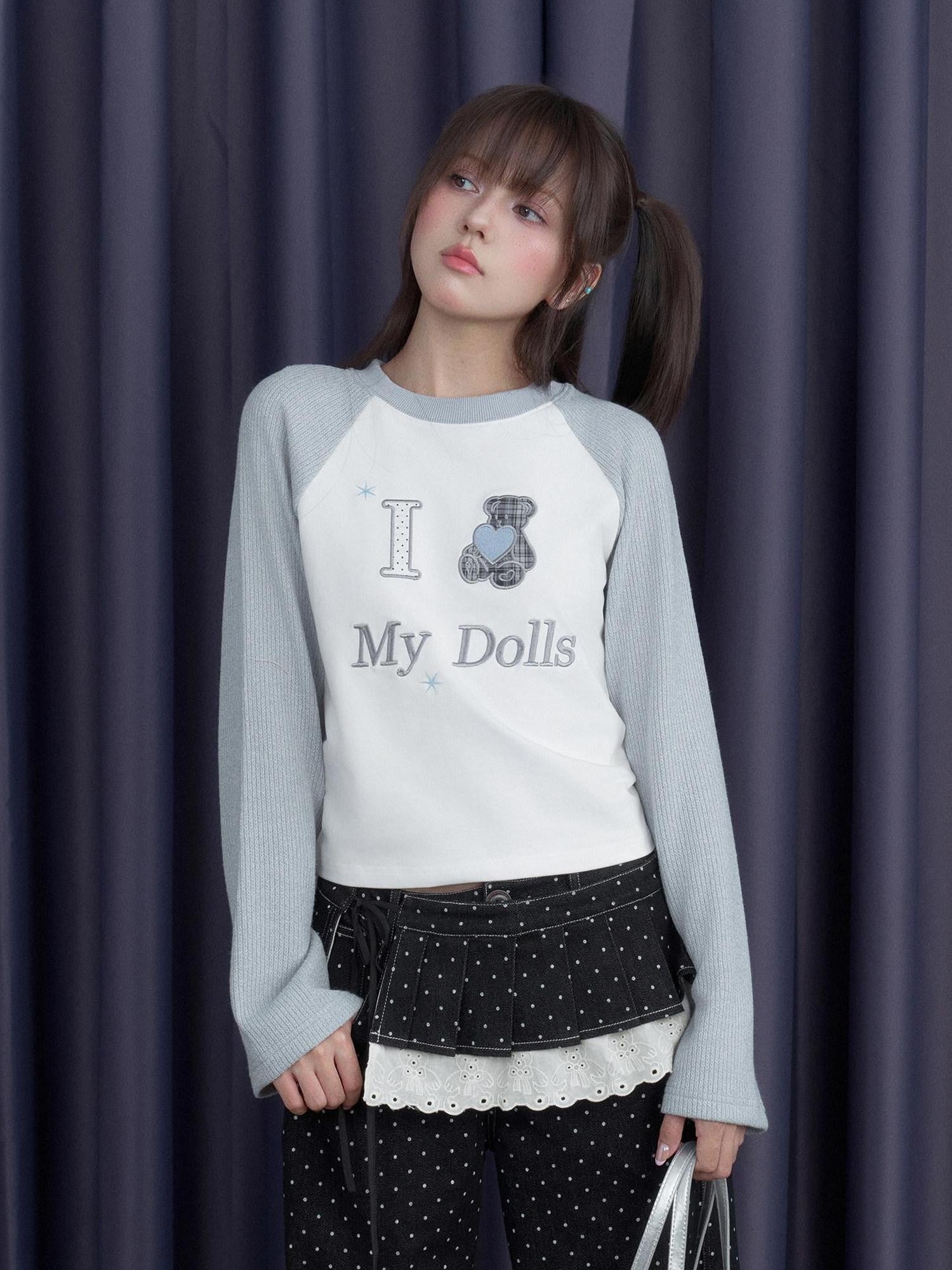 SagiDolls Gray White Spliced Plaid Bear Embroidered Women's Cotton Long Sleeve T-shirts