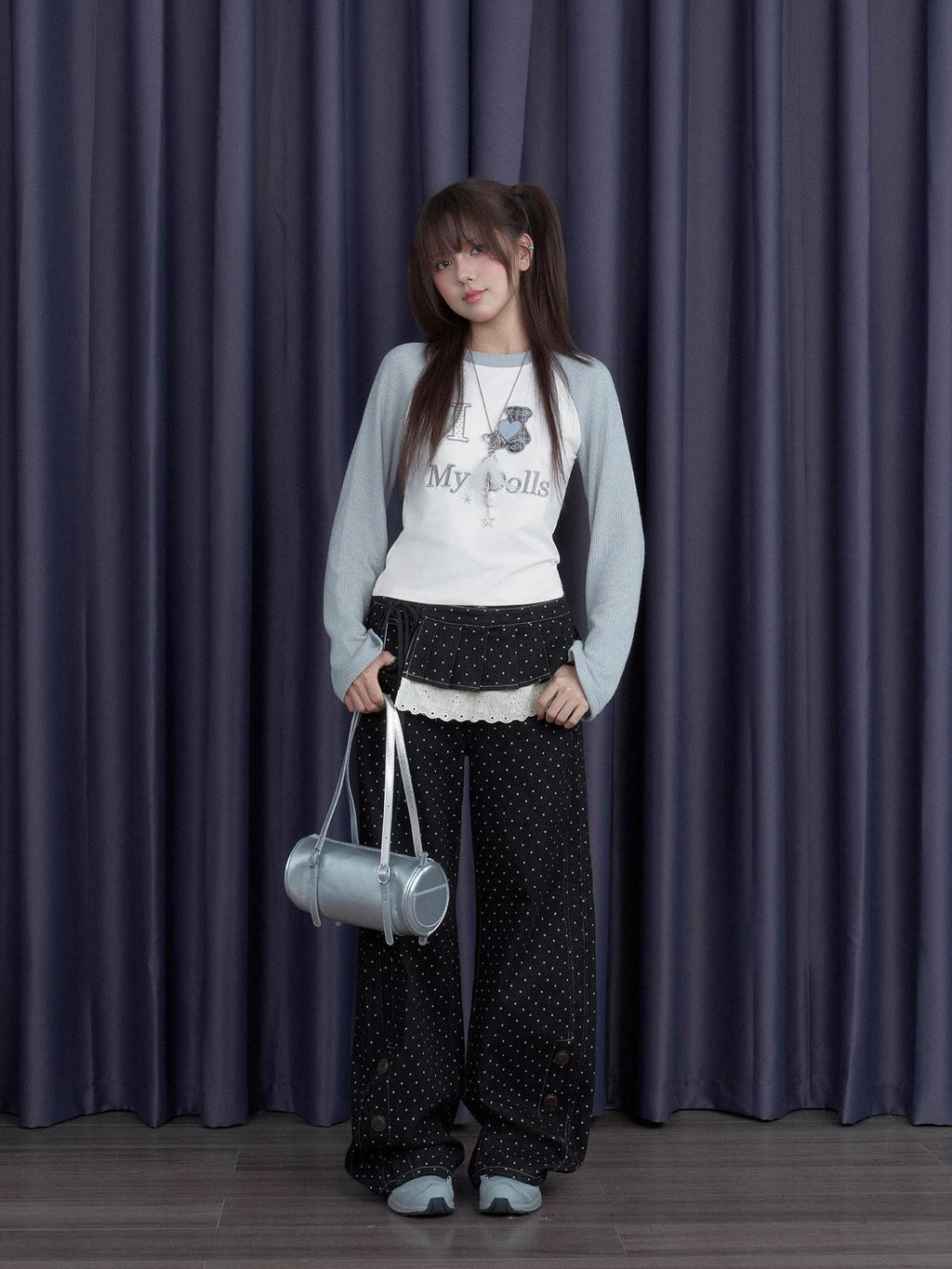 SagiDolls Gray White Spliced Plaid Bear Embroidered Women's Cotton Long Sleeve T-shirts