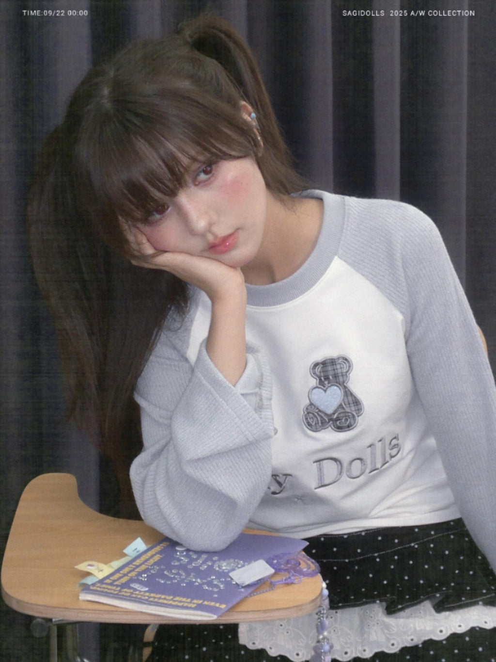 SagiDolls Gray White Spliced Plaid Bear Embroidered Women's Cotton Long Sleeve T-shirts