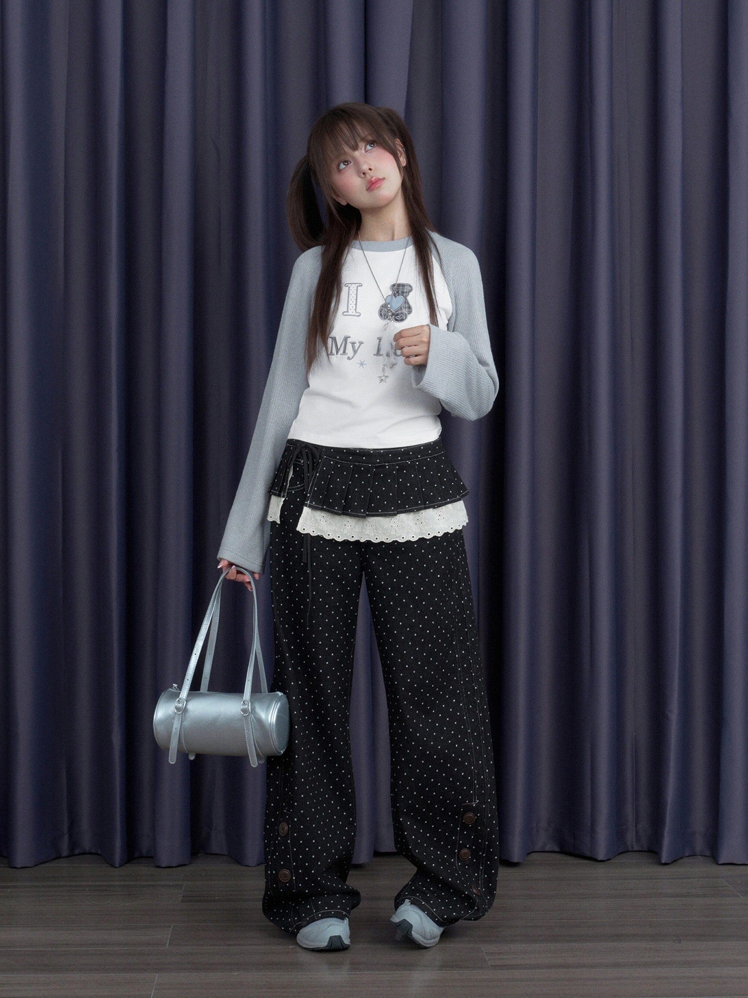 SagiDolls Gray White Spliced Plaid Bear Embroidered Women's Cotton Long Sleeve T-shirts