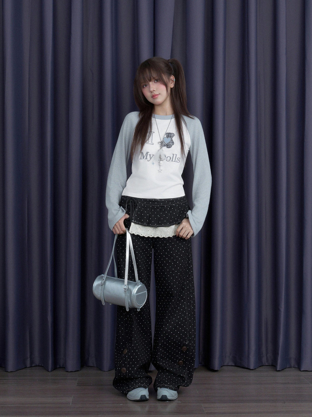 SagiDolls Gray White Spliced Plaid Bear Embroidered Women's Cotton Long Sleeve T-shirts
