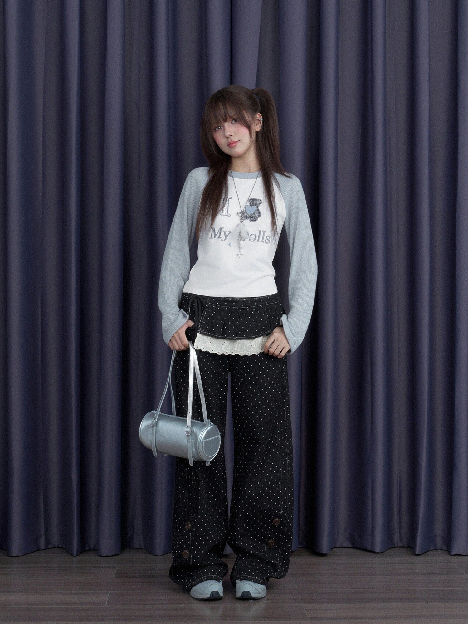 SagiDolls Gray White Spliced Plaid Bear Embroidered Women's Cotton Long Sleeve T-shirts