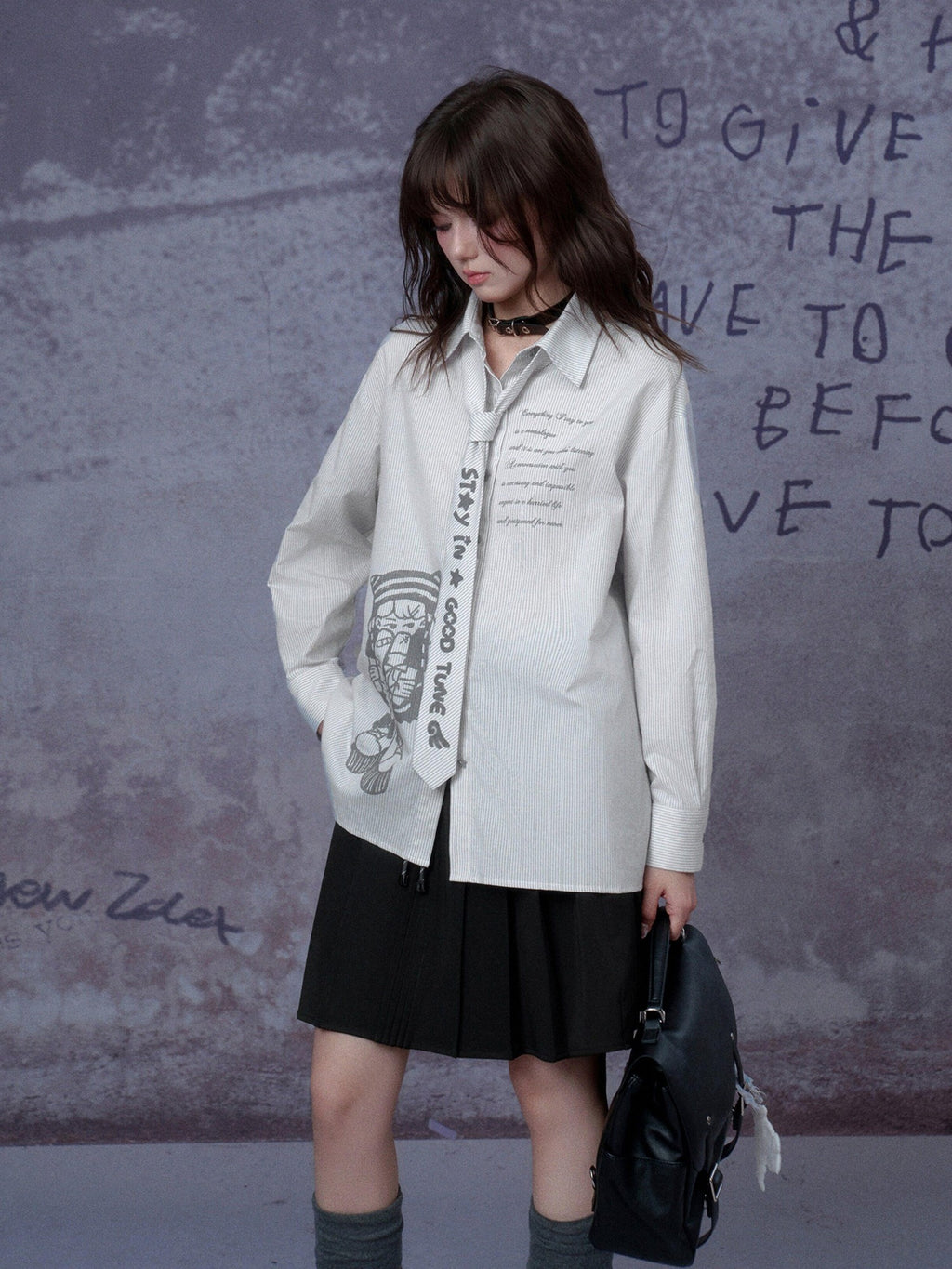 SagiDolls Gray White Striped Comic Print Collar Women's Cotton Blend Shirts