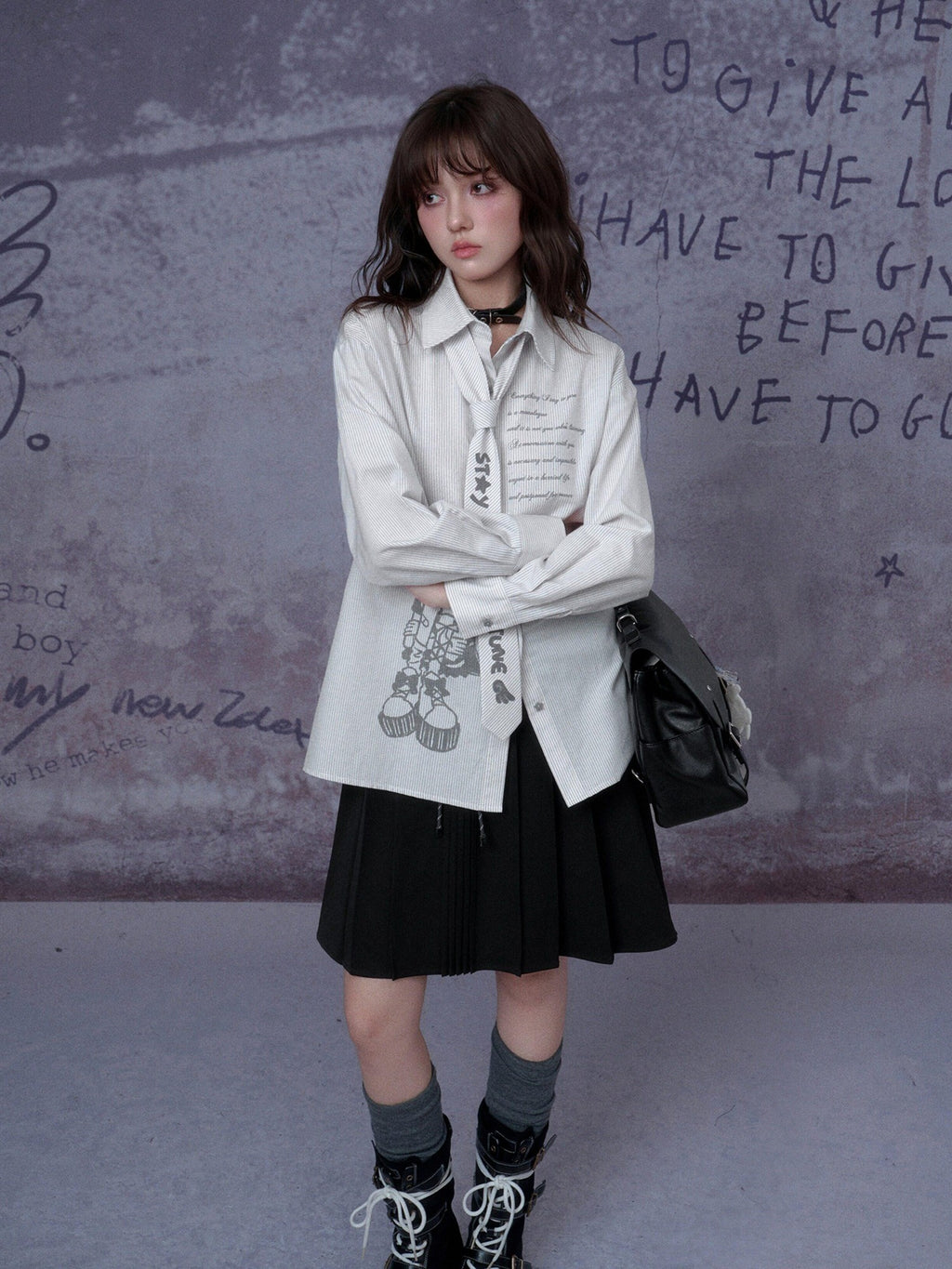 SagiDolls Gray White Striped Comic Print Collar Women's Cotton Blend Shirts