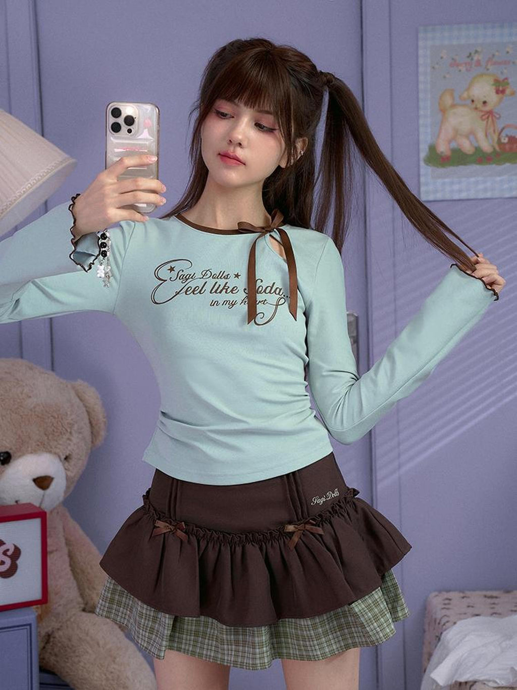 SagiDolls Green Bow Print Slim Fit Women's Cotton Long Sleeve T-shirts