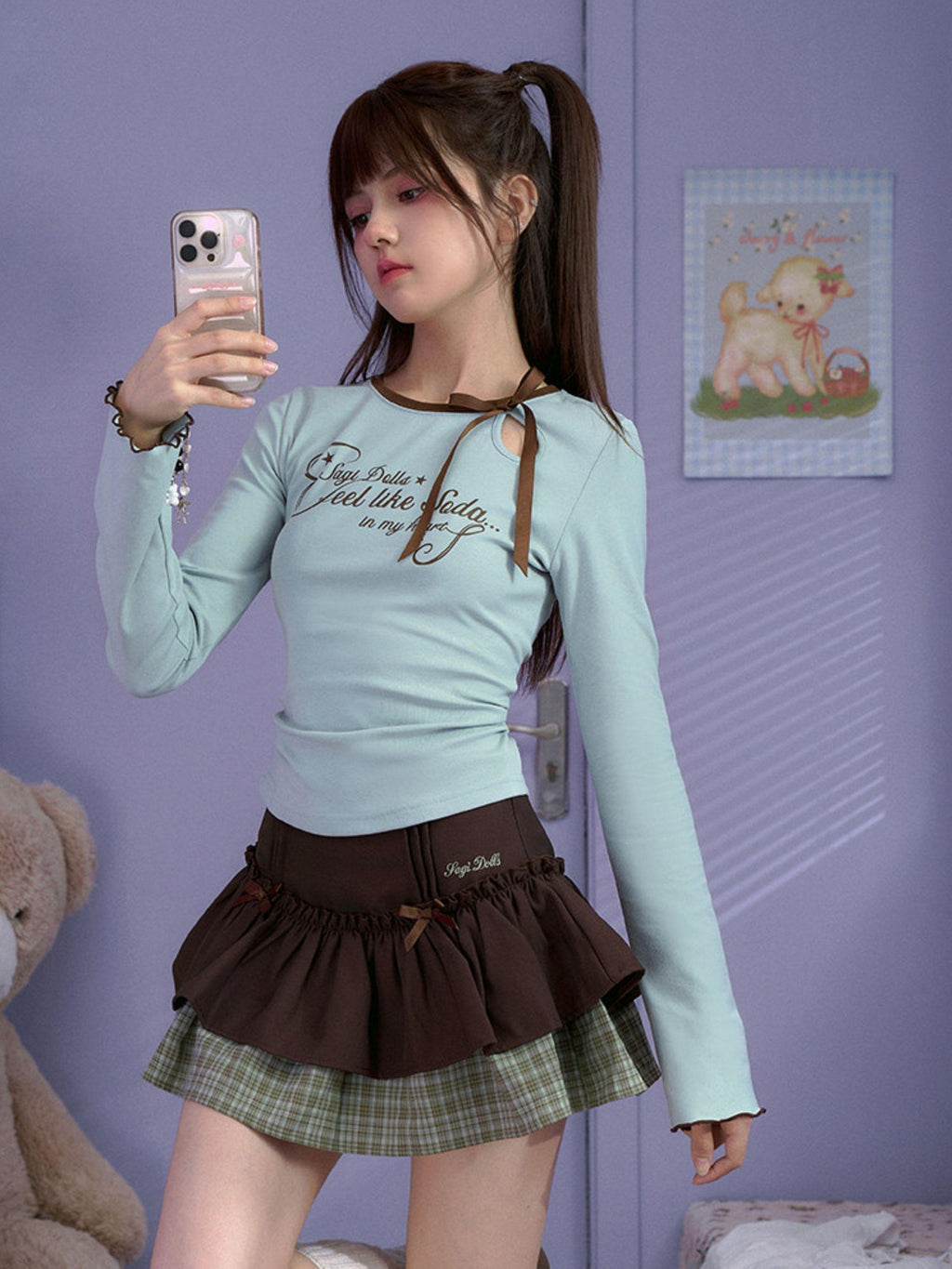 SagiDolls Green Bow Print Slim Fit Women's Cotton Long Sleeve T-shirts