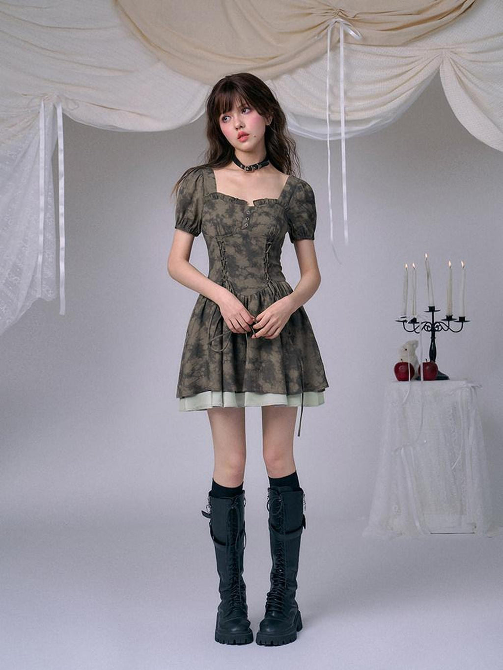 SagiDolls Green Ombre Print Puff Sleeve High Waist Women's Viscose Corset Mini Dresses