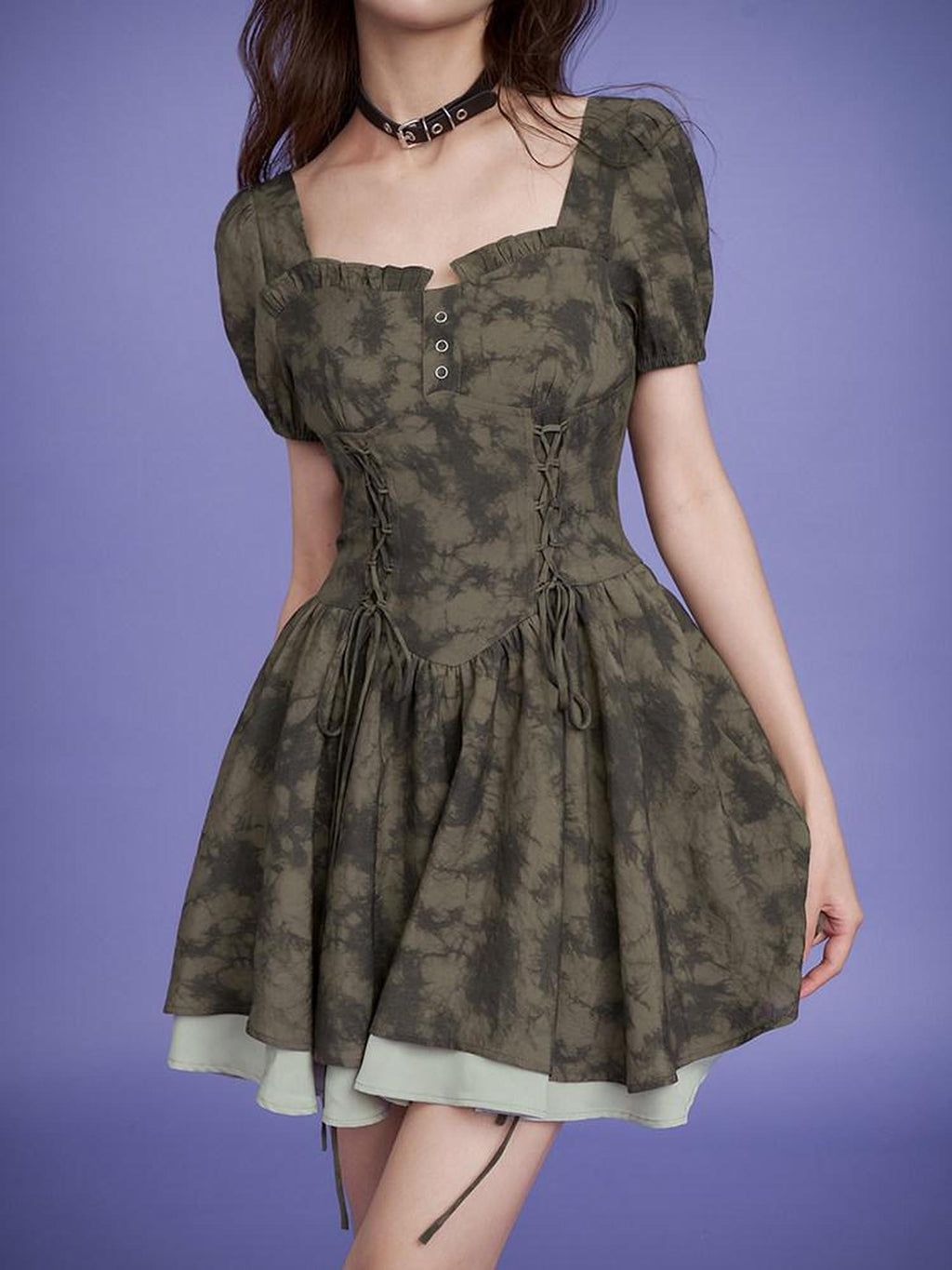 SagiDolls Green Ombre Print Puff Sleeve High Waist Women's Viscose Corset Mini Dresses