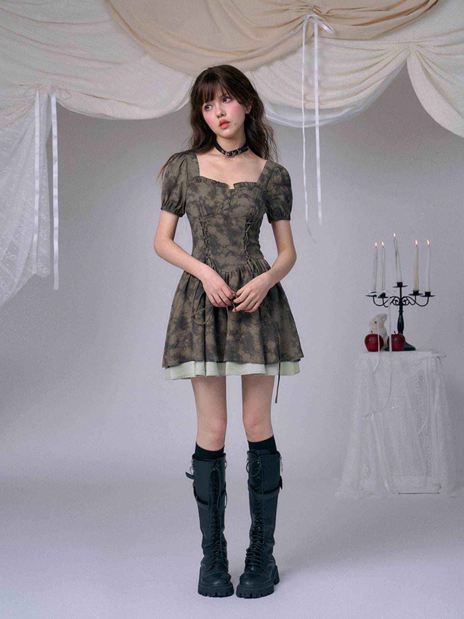 SagiDolls Green Ombre Print Puff Sleeve High Waist Women's Viscose Corset Mini Dresses