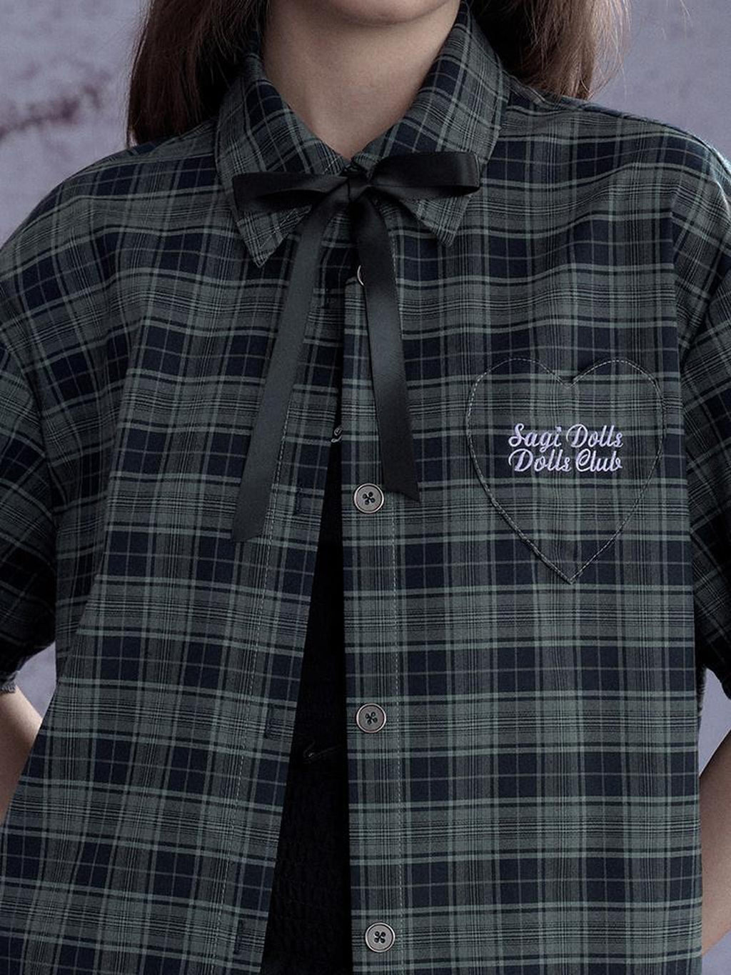 SagiDolls Green Plaid Embroidered Bow Women's Polyester Blend Oversized Shirts