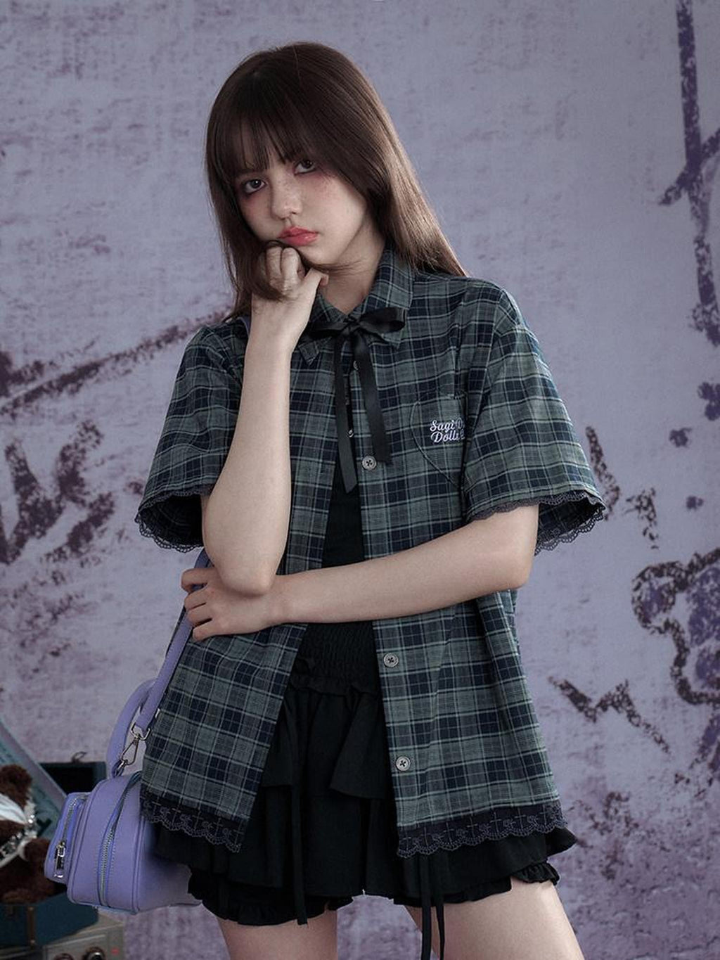 SagiDolls Green Plaid Embroidered Bow Women's Polyester Blend Oversized Shirts