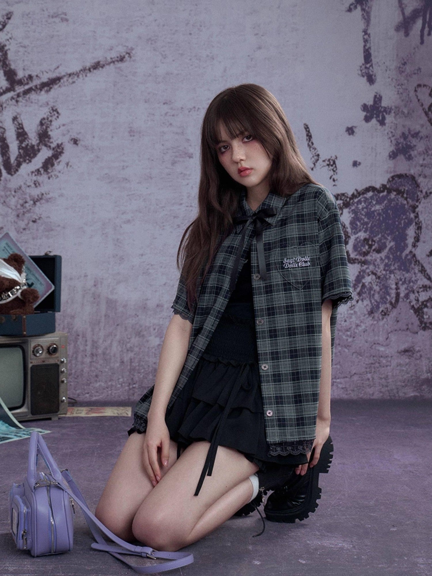 SagiDolls Green Plaid Embroidered Bow Women's Polyester Blend Oversized Shirts