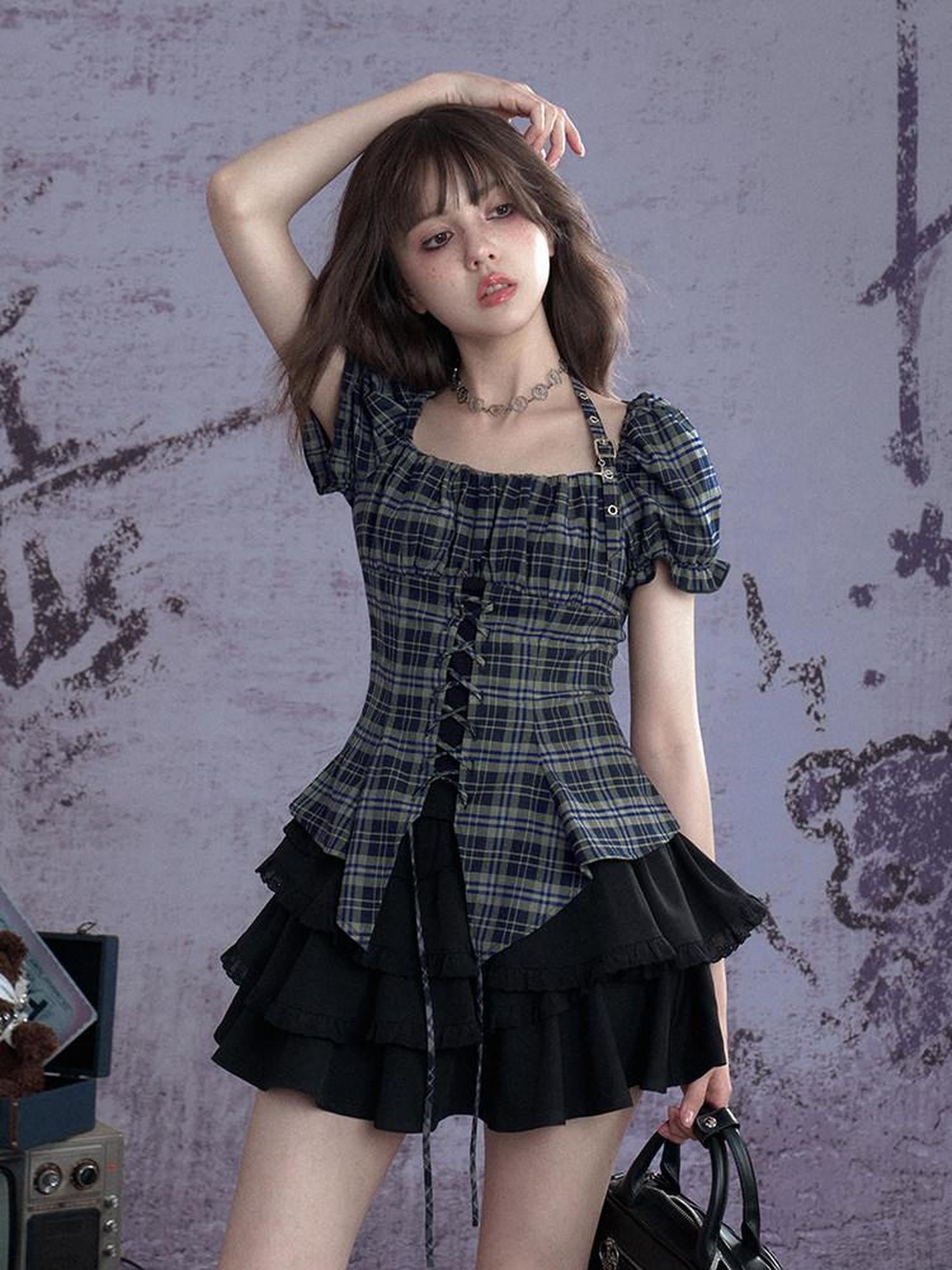 SagiDolls Green Plaid Halter Asymmetric Tie Puff Sleeve Women's Polyester Blend Shirts
