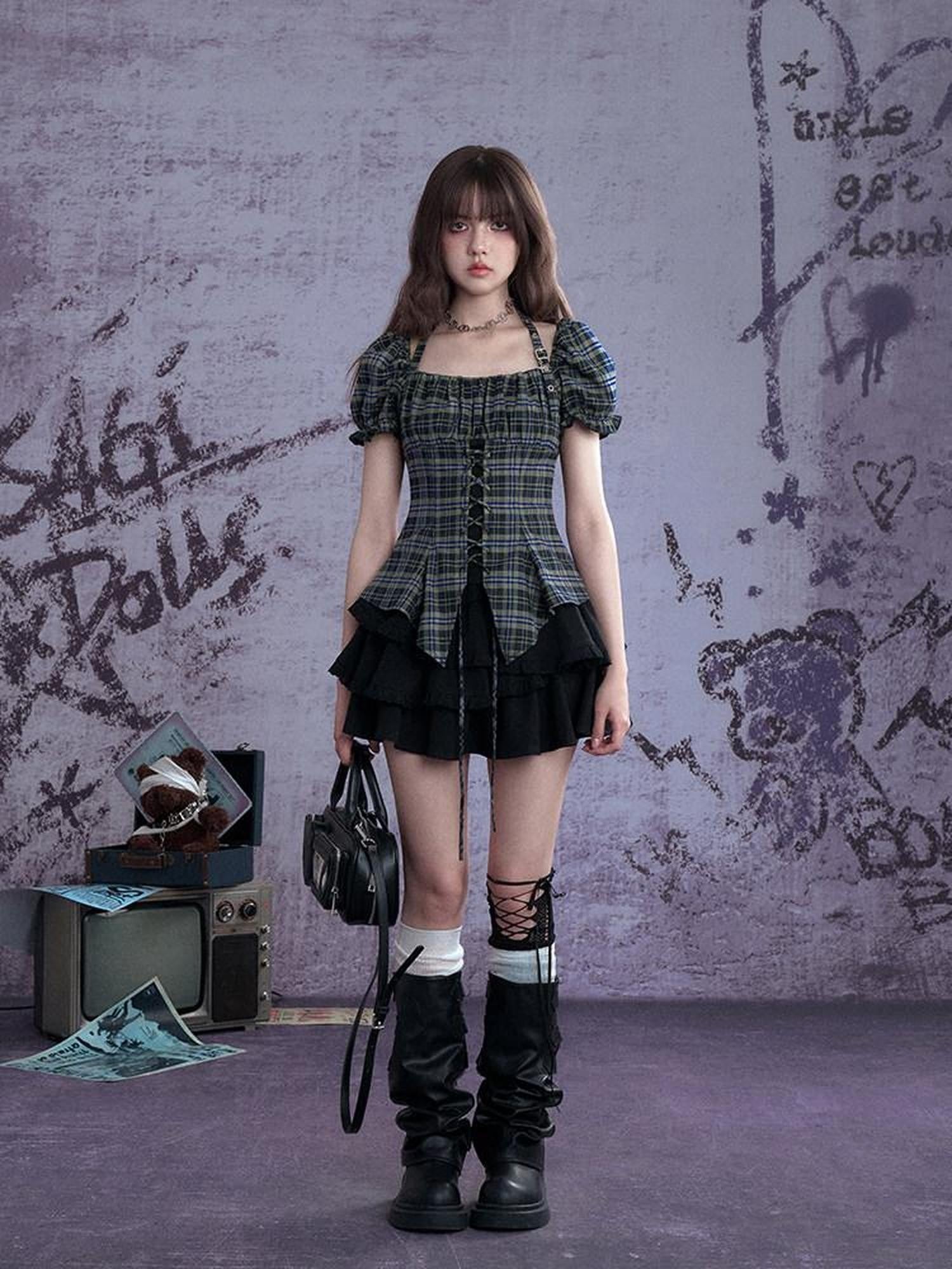 SagiDolls Green Plaid Halter Asymmetric Tie Puff Sleeve Women's Polyester Blend Shirts