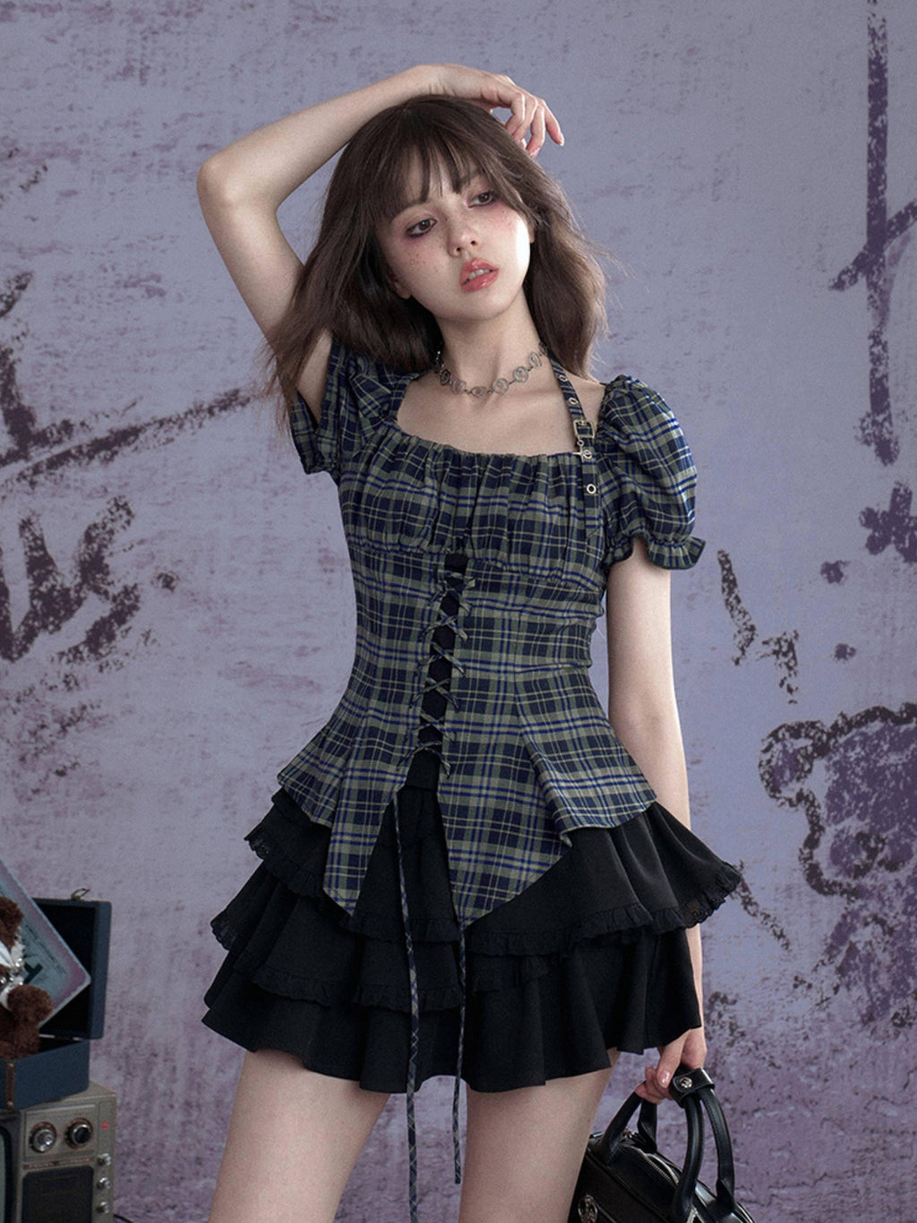 SagiDolls Green Plaid Halter Asymmetric Tie Puff Sleeve Women's Polyester Blend Shirts