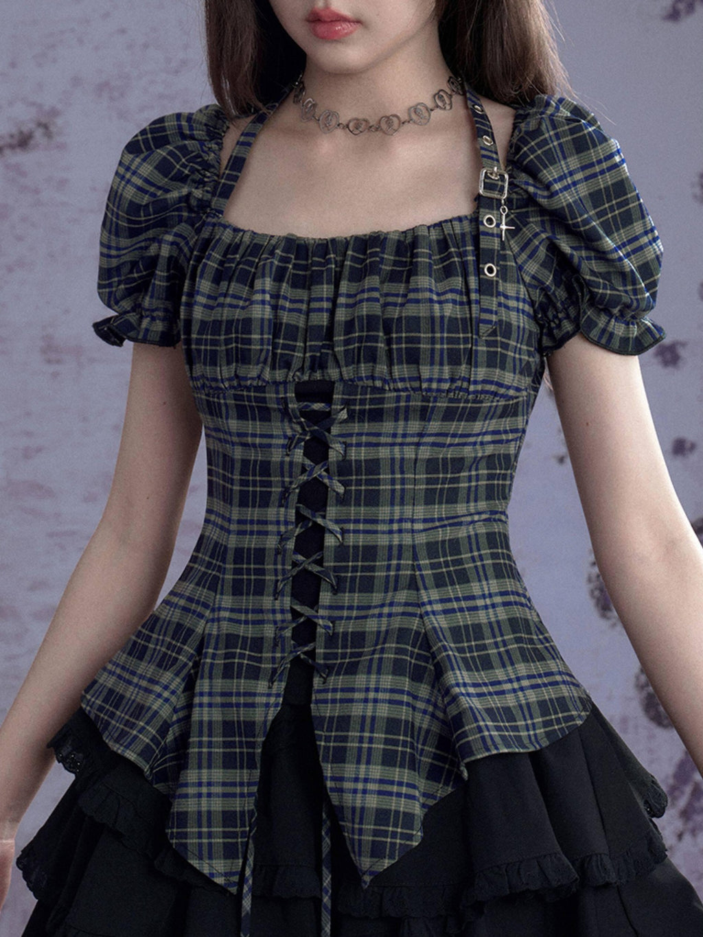SagiDolls Green Plaid Halter Asymmetric Tie Puff Sleeve Women's Polyester Blend Shirts
