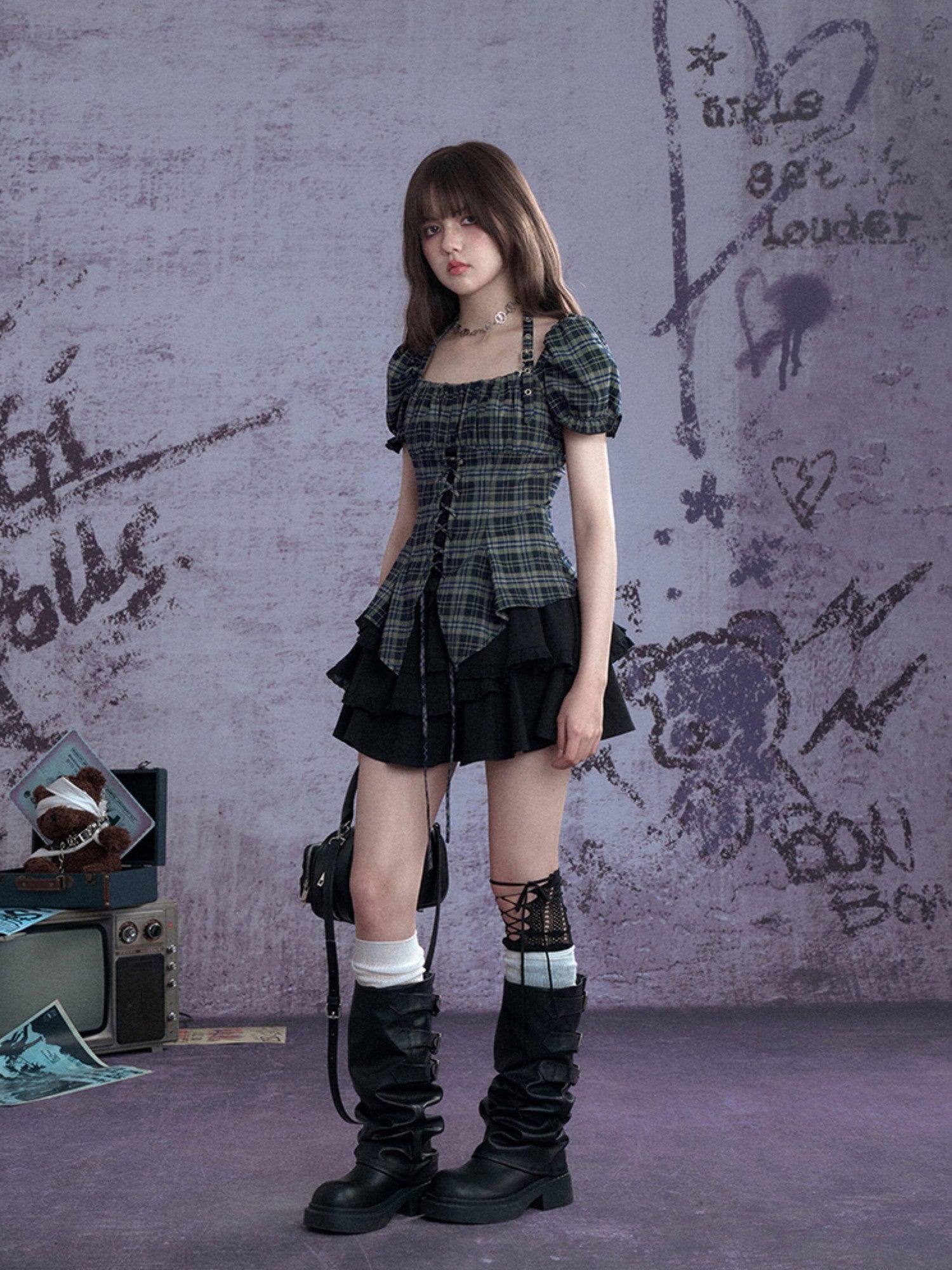 SagiDolls Green Plaid Halter Asymmetric Tie Puff Sleeve Women's Polyester Blend Shirts