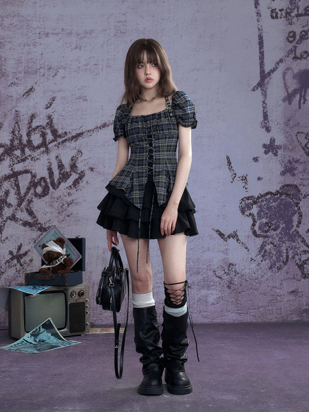 SagiDolls Green Plaid Halter Asymmetric Tie Puff Sleeve Women's Polyester Blend Shirts