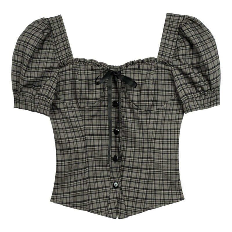 SagiDolls_Green_Plaid_Square_Neck_Puff_Sleeve_Women's_Short_Sleeve_T-shirts_773949945176_MISSTT