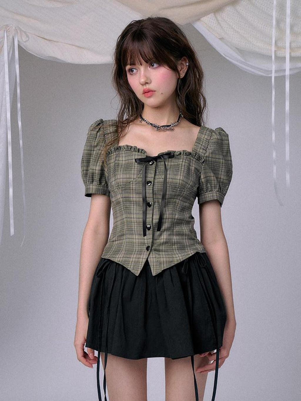 SagiDolls Green Plaid Square Neck Puff Sleeve Women's Short Sleeve T-shirts