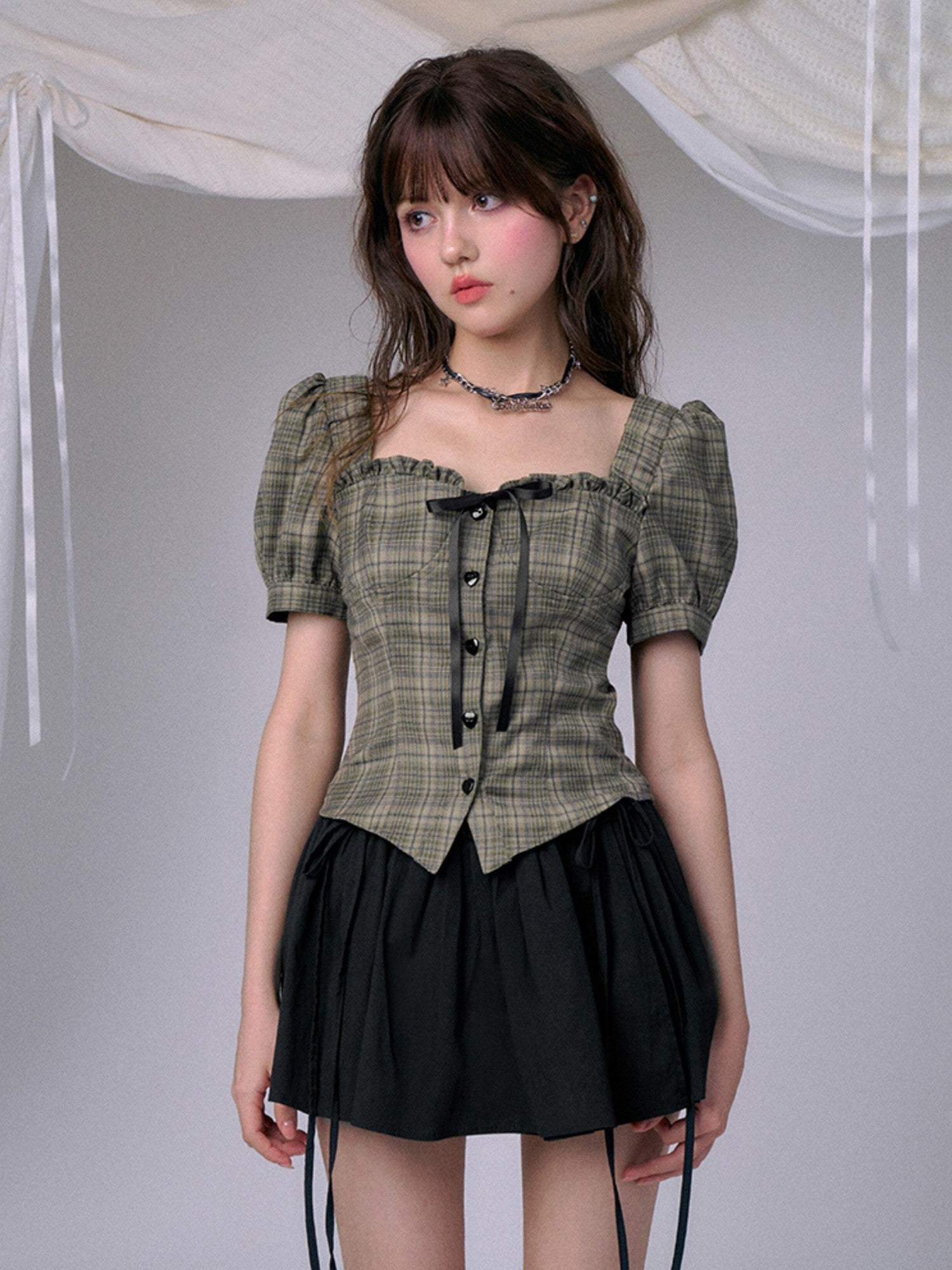 SagiDolls Green Plaid Square Neck Puff Sleeve Women's Short Sleeve T-shirts