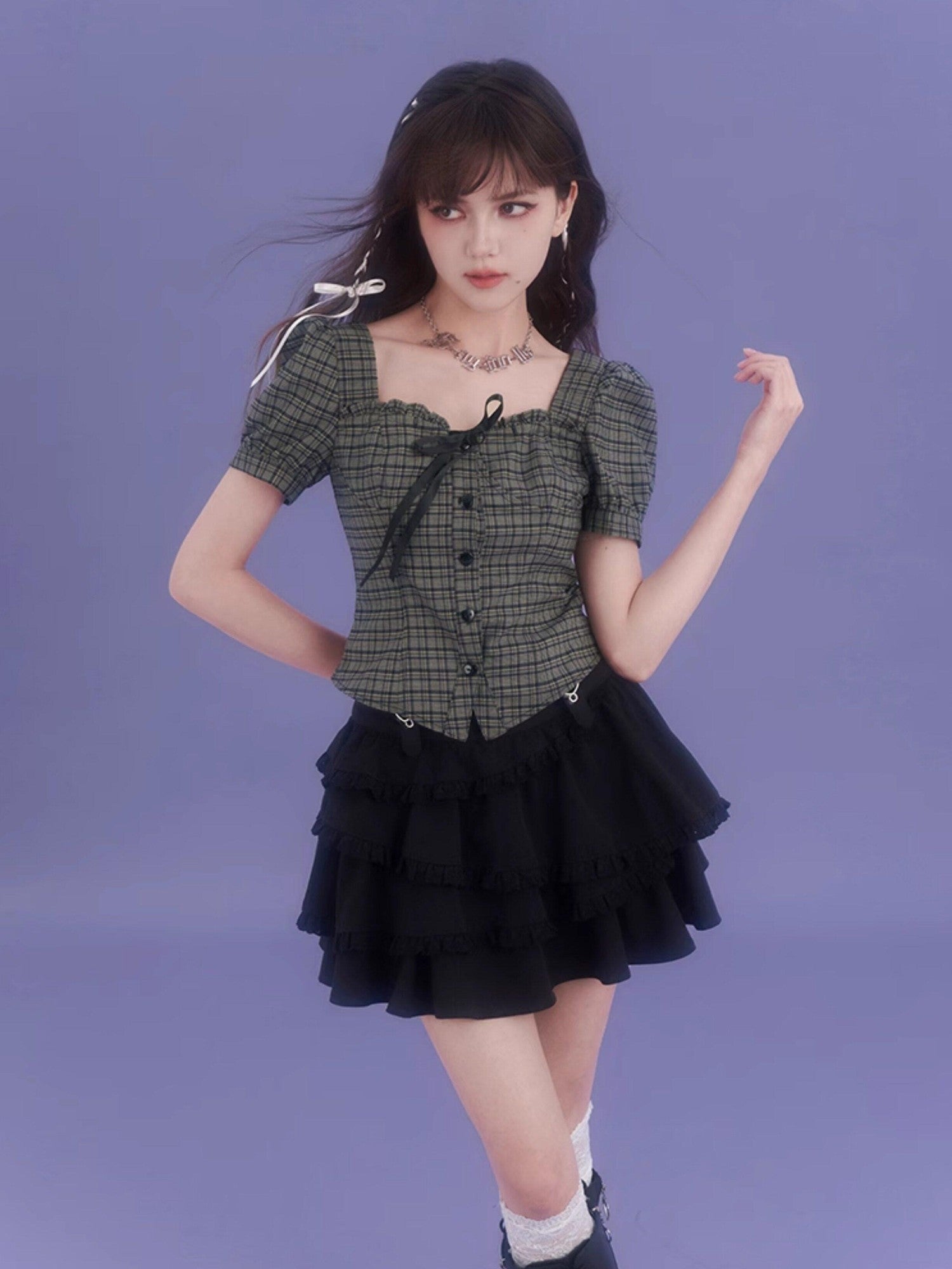 SagiDolls Green Plaid Square Neck Puff Sleeve Women's Short Sleeve T-shirts