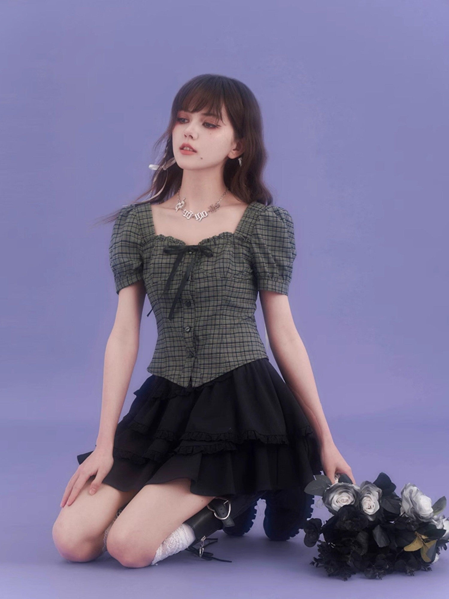 SagiDolls Green Plaid Square Neck Puff Sleeve Women's Short Sleeve T-shirts