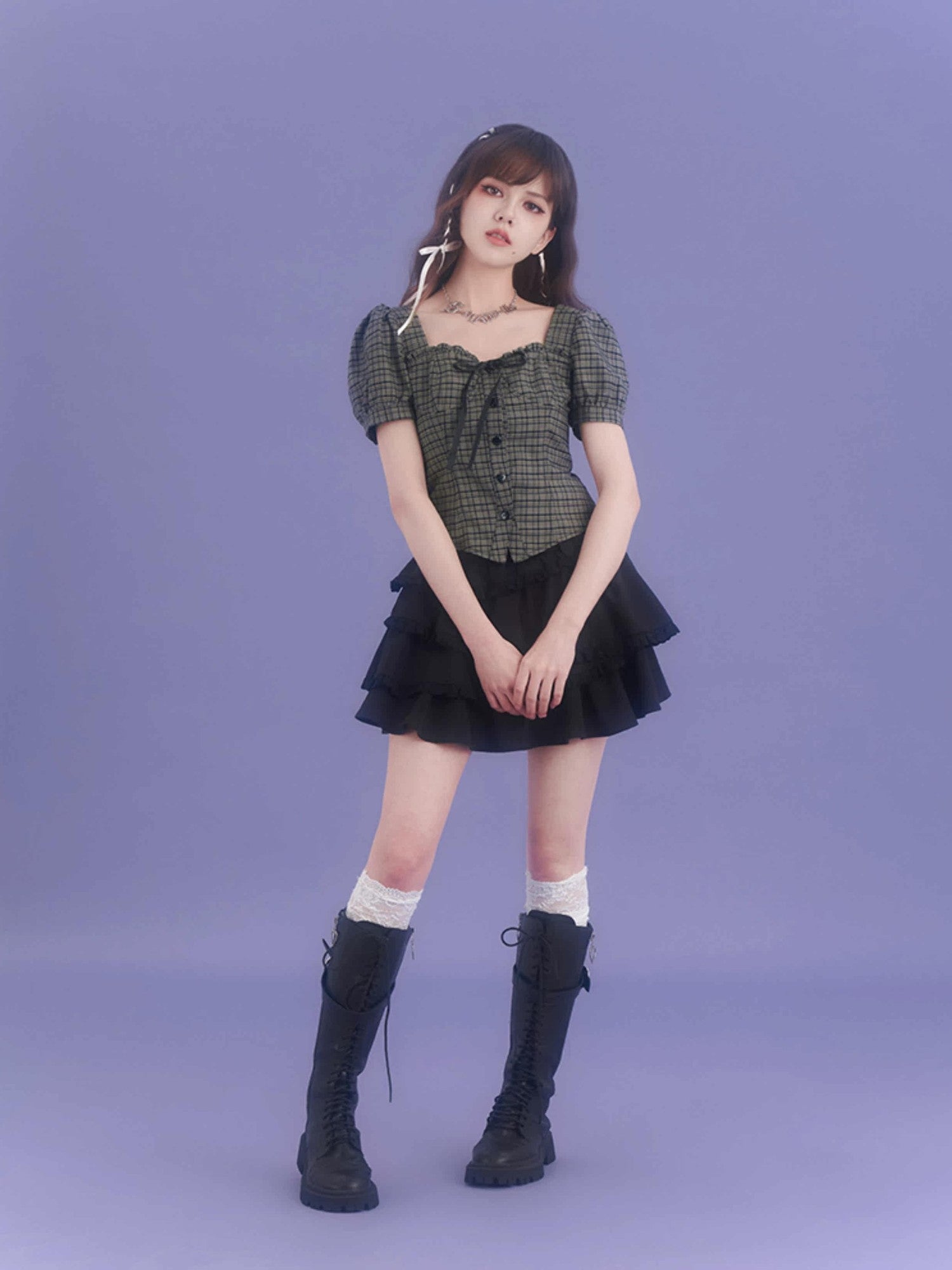 SagiDolls Green Plaid Square Neck Puff Sleeve Women's Short Sleeve T-shirts