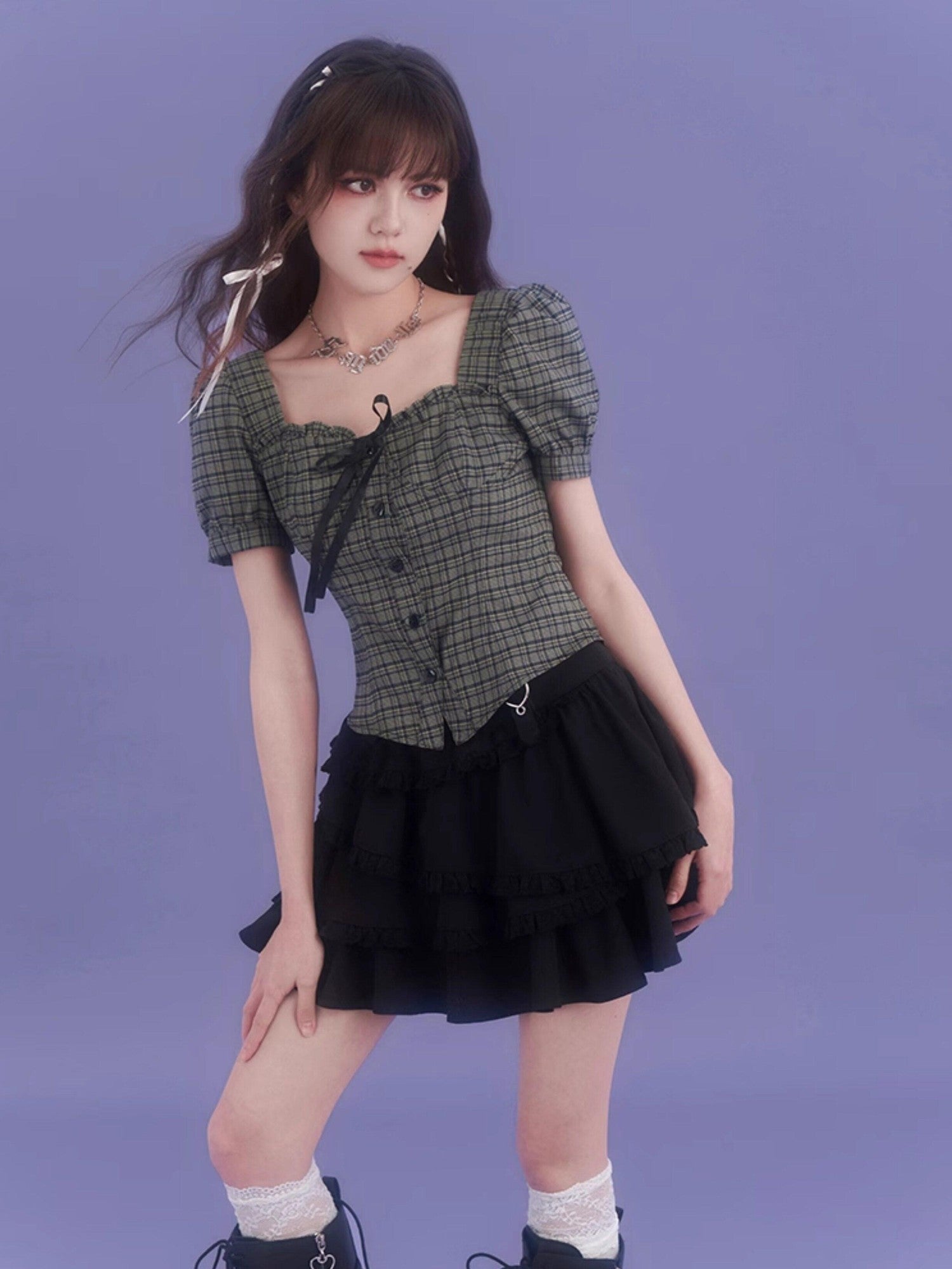 SagiDolls Green Plaid Square Neck Puff Sleeve Women's Short Sleeve T-shirts