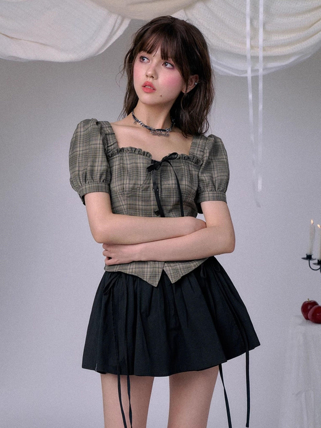 SagiDolls Green Plaid Square Neck Puff Sleeve Women's Short Sleeve T-shirts