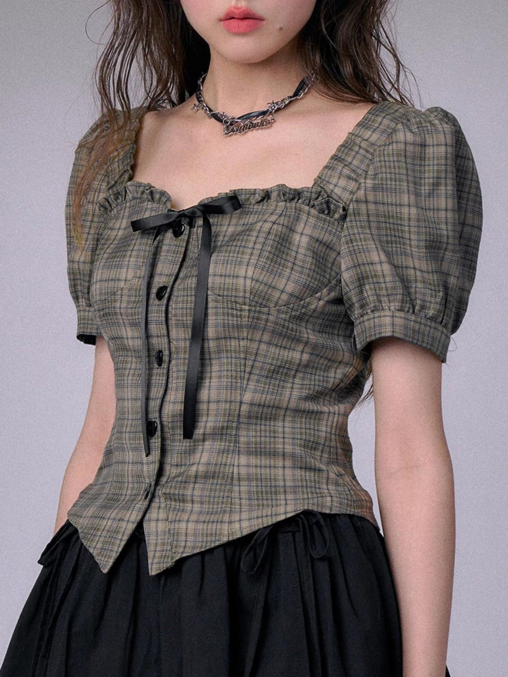 SagiDolls Green Plaid Square Neck Puff Sleeve Women's Short Sleeve T-shirts