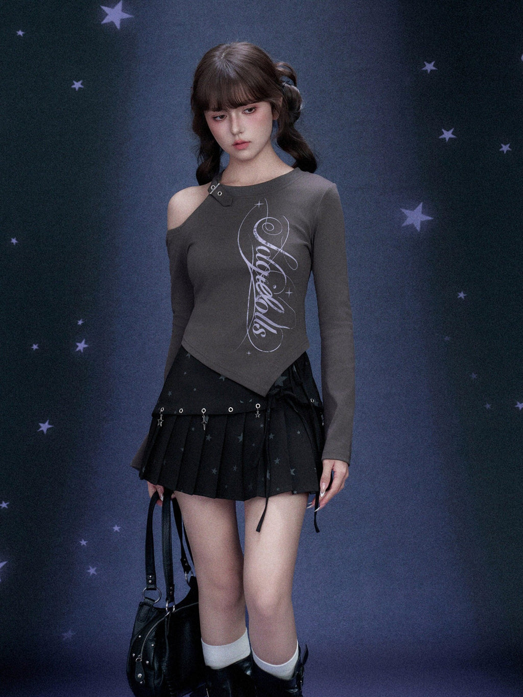 SagiDolls Grey Asymmetric Off Shoulder Print Slim Women's Cotton Long Sleeve T-shirts