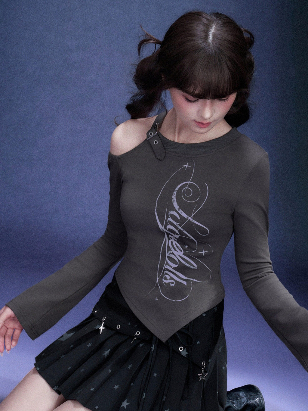 SagiDolls Grey Asymmetric Off Shoulder Print Slim Women's Cotton Long Sleeve T-shirts