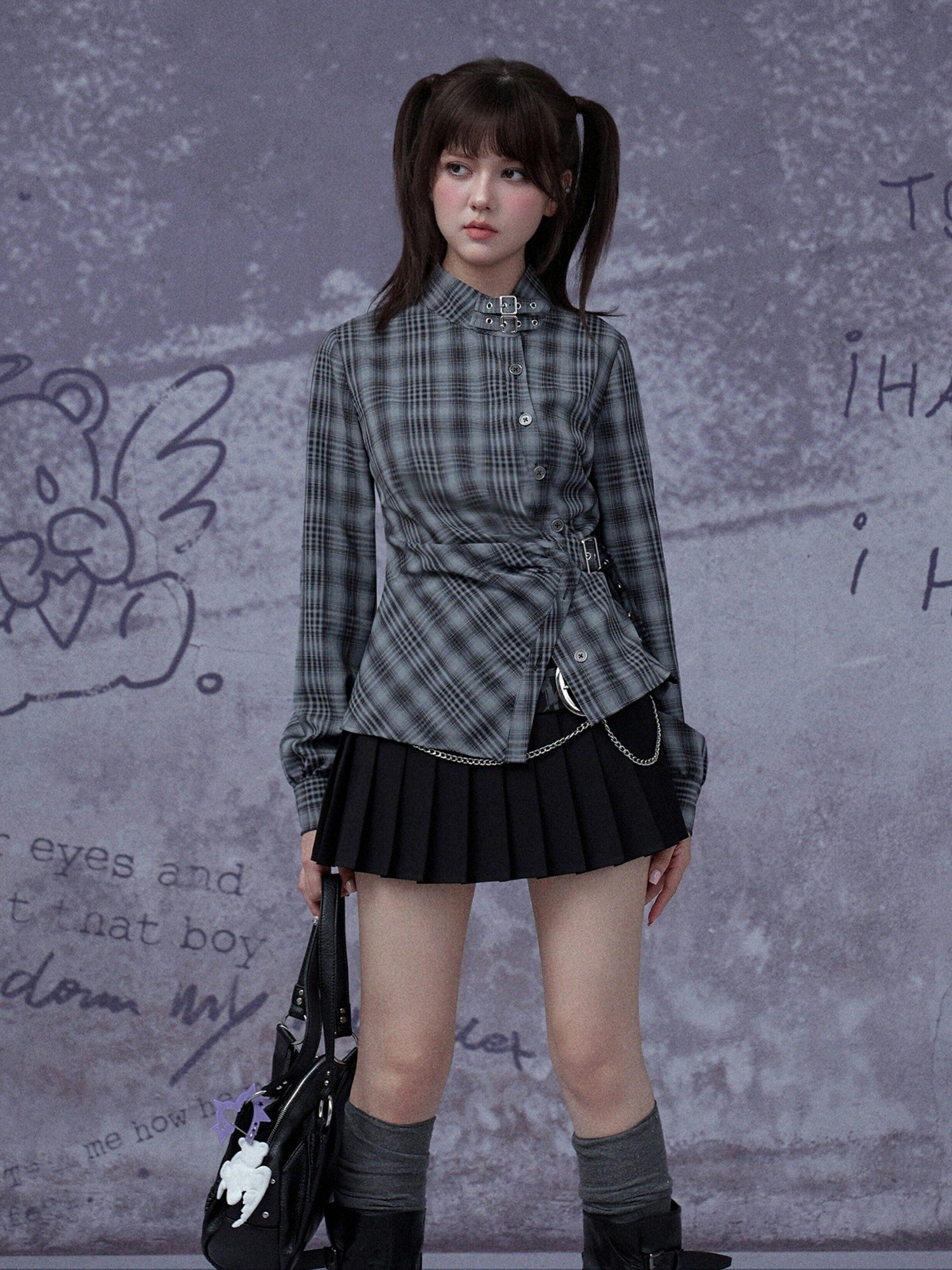 SagiDolls Grey Blue Plaid Asymmetric Placket Pleated Waist Women's Polyester Shirts