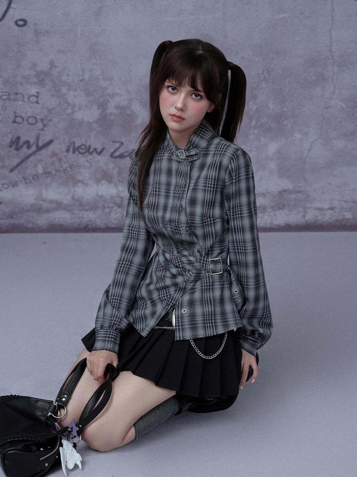 SagiDolls Grey Blue Plaid Asymmetric Placket Pleated Waist Women's Polyester Shirts