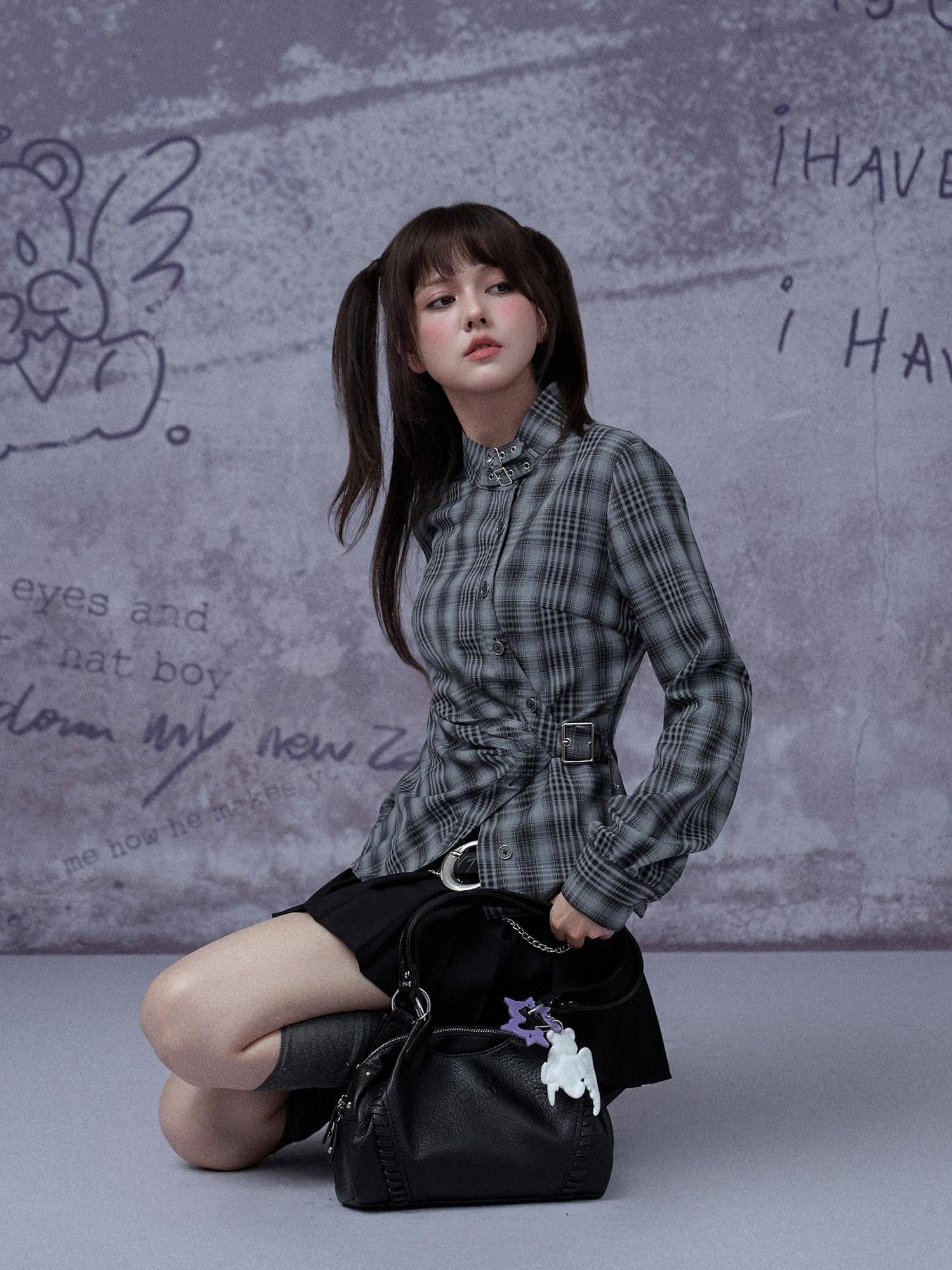 SagiDolls Grey Blue Plaid Asymmetric Placket Pleated Waist Women's Polyester Shirts
