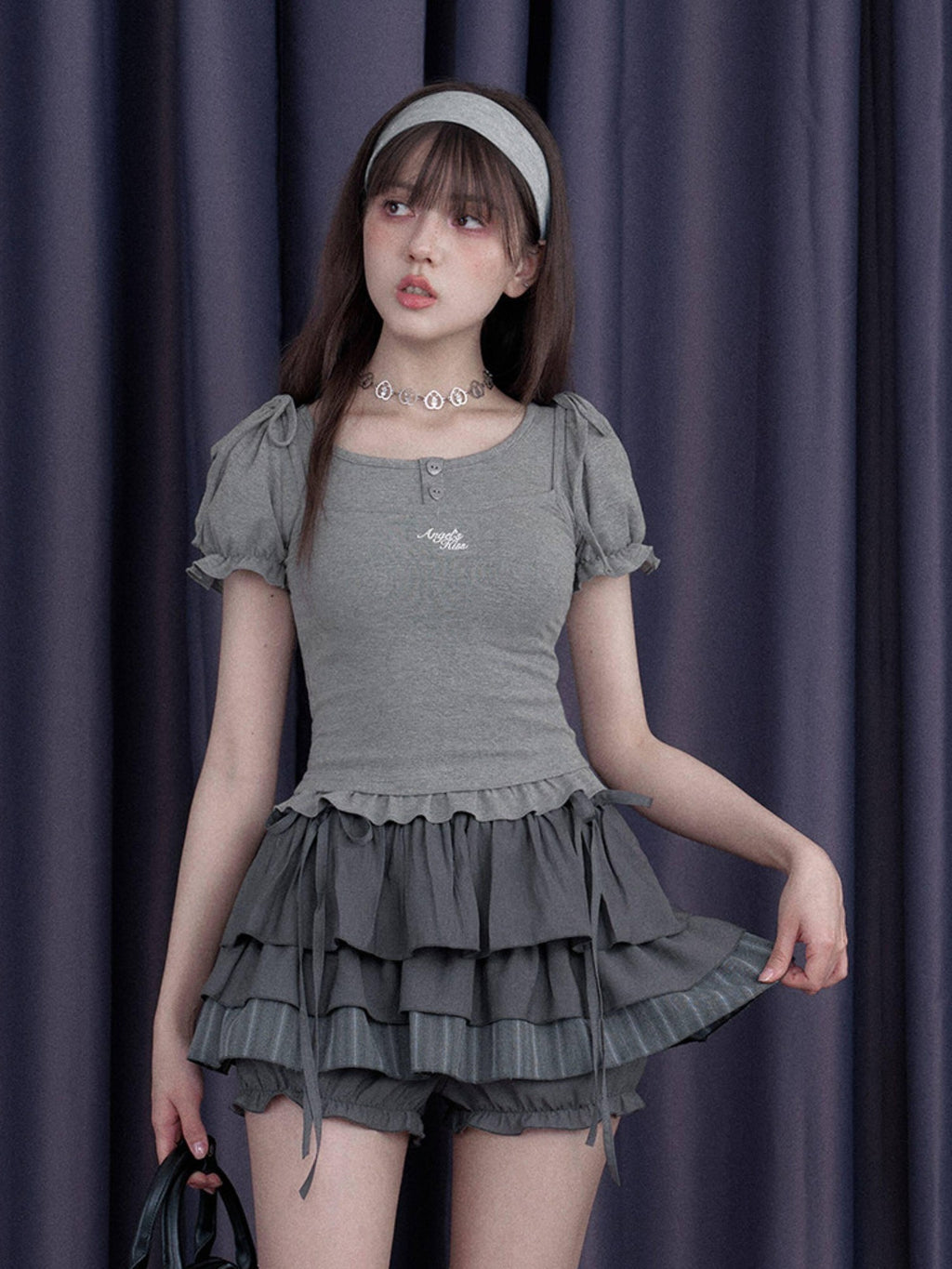 SagiDolls Grey Bow And Lettering Women's Viscose Cotton Blend Puff-sleeve Blouses