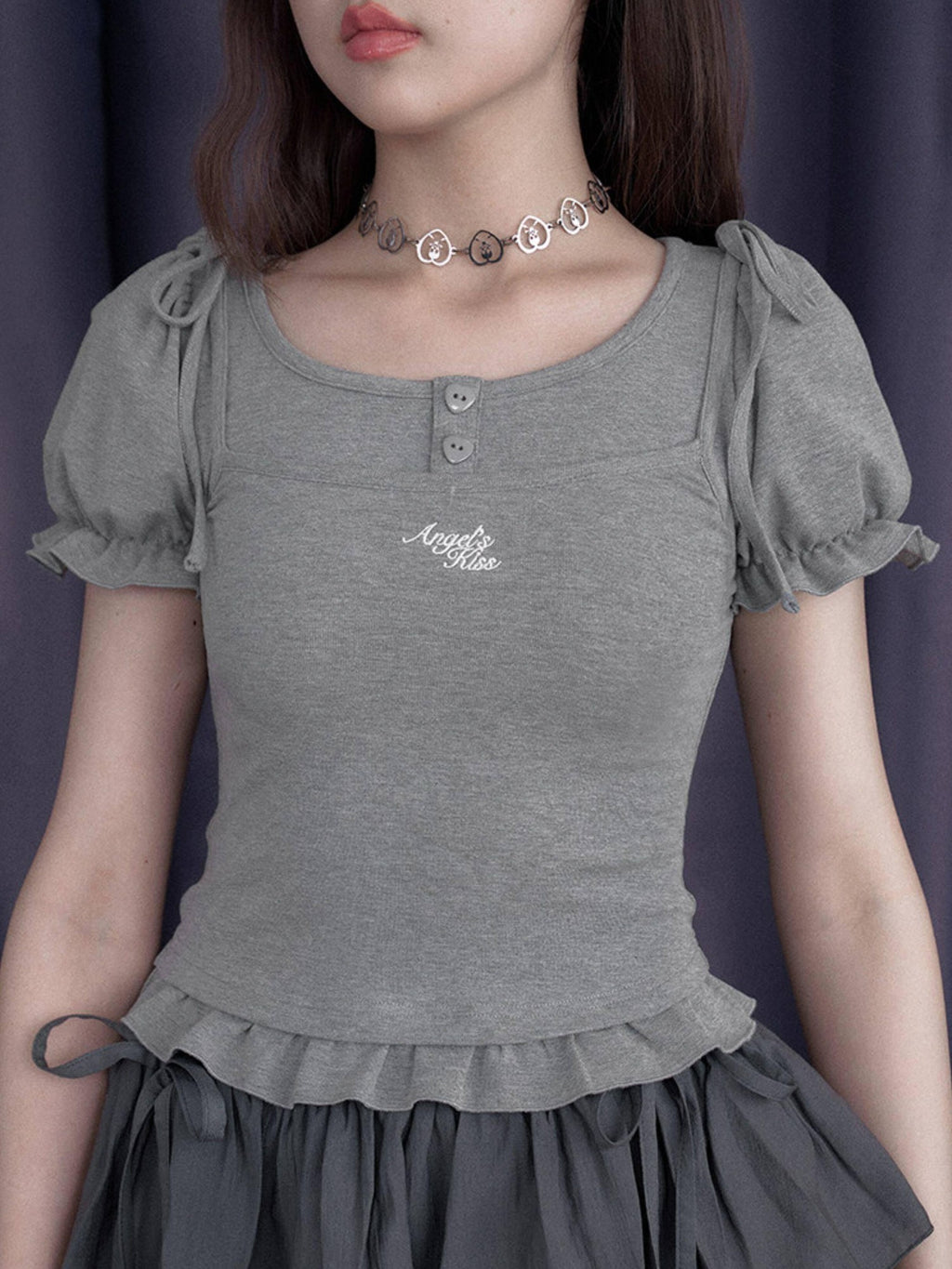 SagiDolls Grey Bow And Lettering Women's Viscose Cotton Blend Puff-sleeve Blouses