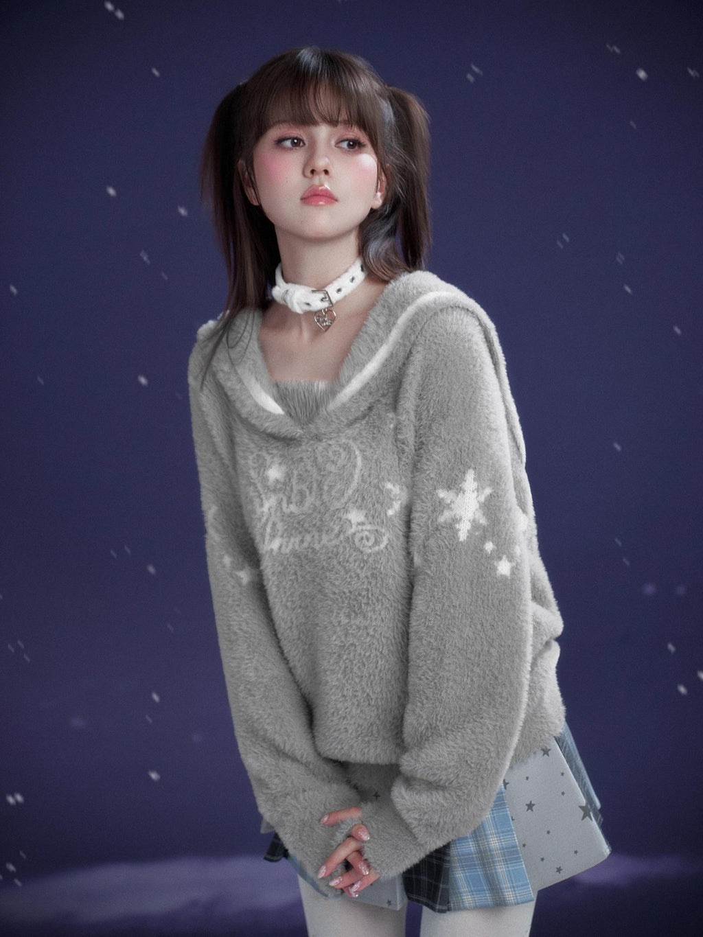 SagiDolls Grey Faux Mink Sailor Collar Letter Jacquard Loose Fit Women's Knit Sweaters