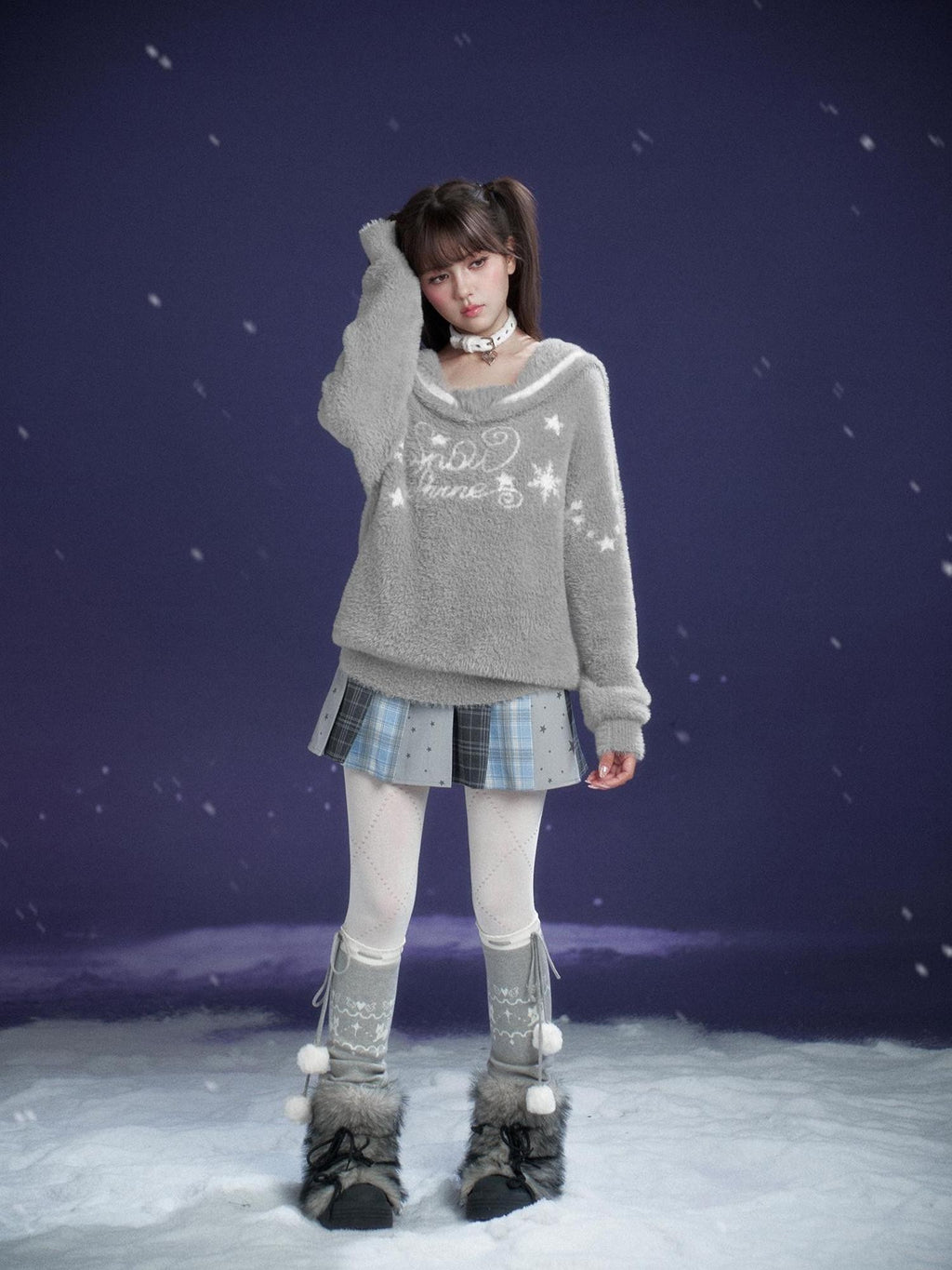 SagiDolls Grey Faux Mink Sailor Collar Letter Jacquard Loose Fit Women's Knit Sweaters