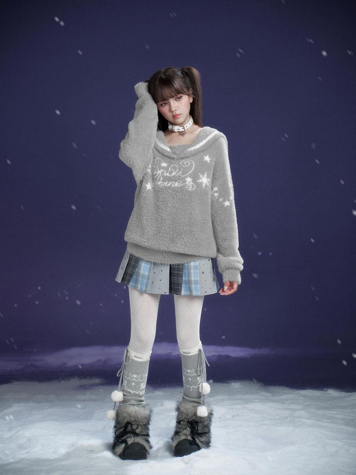 SagiDolls Grey Faux Mink Sailor Collar Letter Jacquard Loose Fit Women's Knit Sweaters