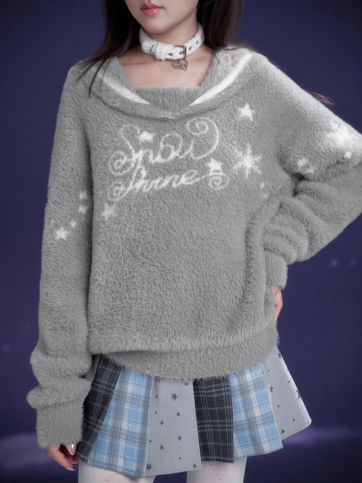 SagiDolls Grey Faux Mink Sailor Collar Letter Jacquard Loose Fit Women's Knit Sweaters