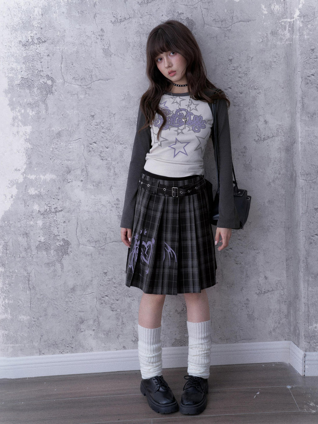 SagiDolls Grey Graffiti Print Mid Rise Straight Fit Polyester Women's Pleated Skirts