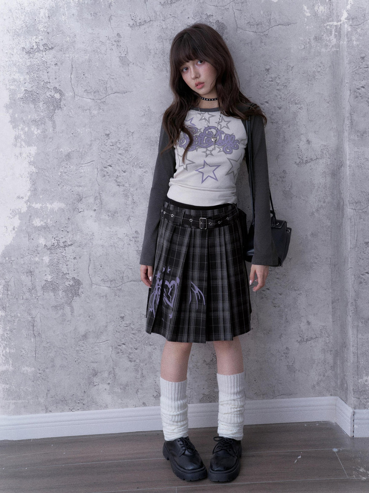 SagiDolls Grey Graffiti Print Mid Rise Straight Fit Polyester Women's Pleated Skirts