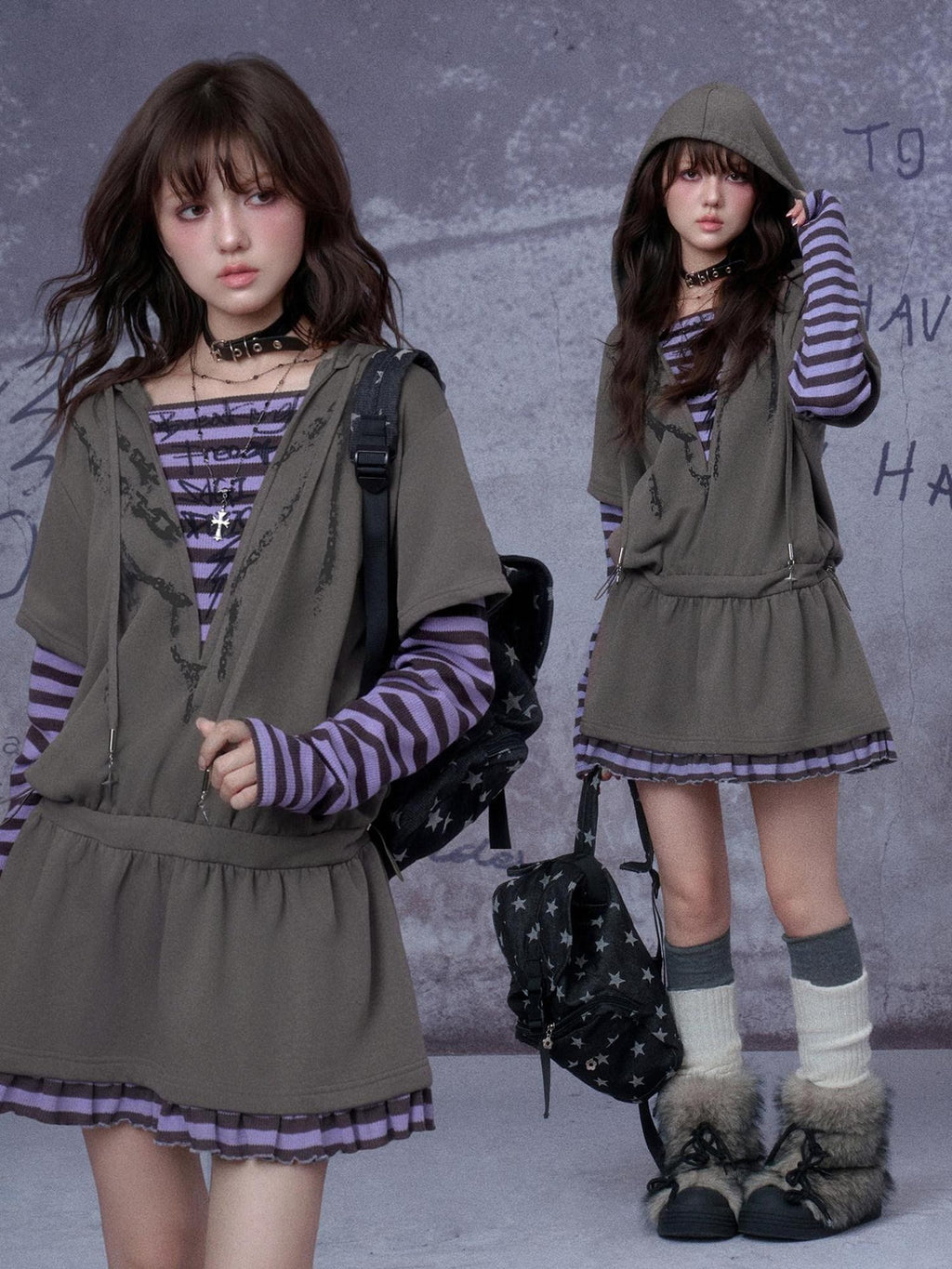 SagiDolls Grey Hooded Printed Faux Layered Women's Cotton Blend Casual Mini Dresses