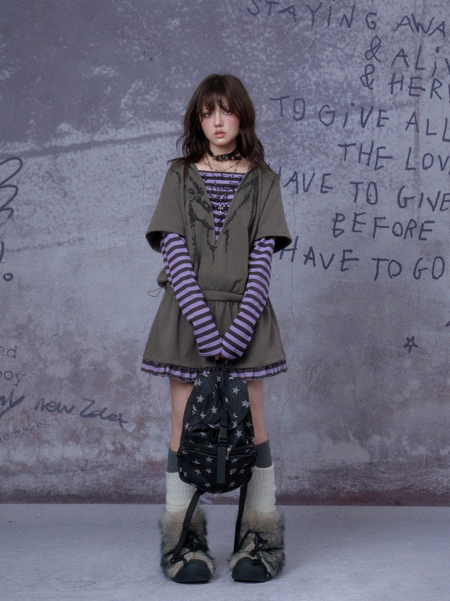 SagiDolls Grey Hooded Printed Faux Layered Women's Cotton Blend Casual Mini Dresses
