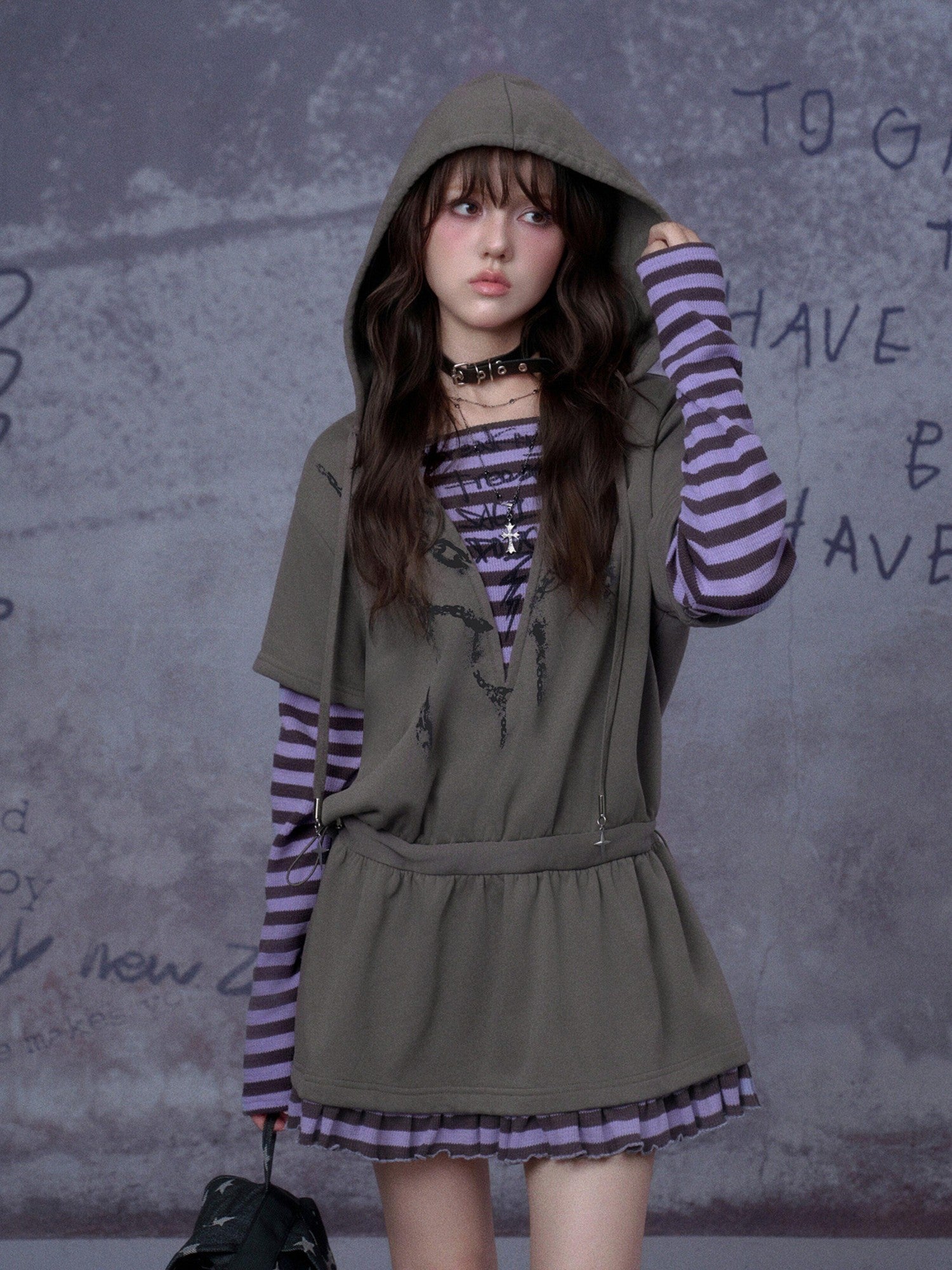 SagiDolls Grey Hooded Printed Faux Layered Women's Cotton Blend Casual Mini Dresses