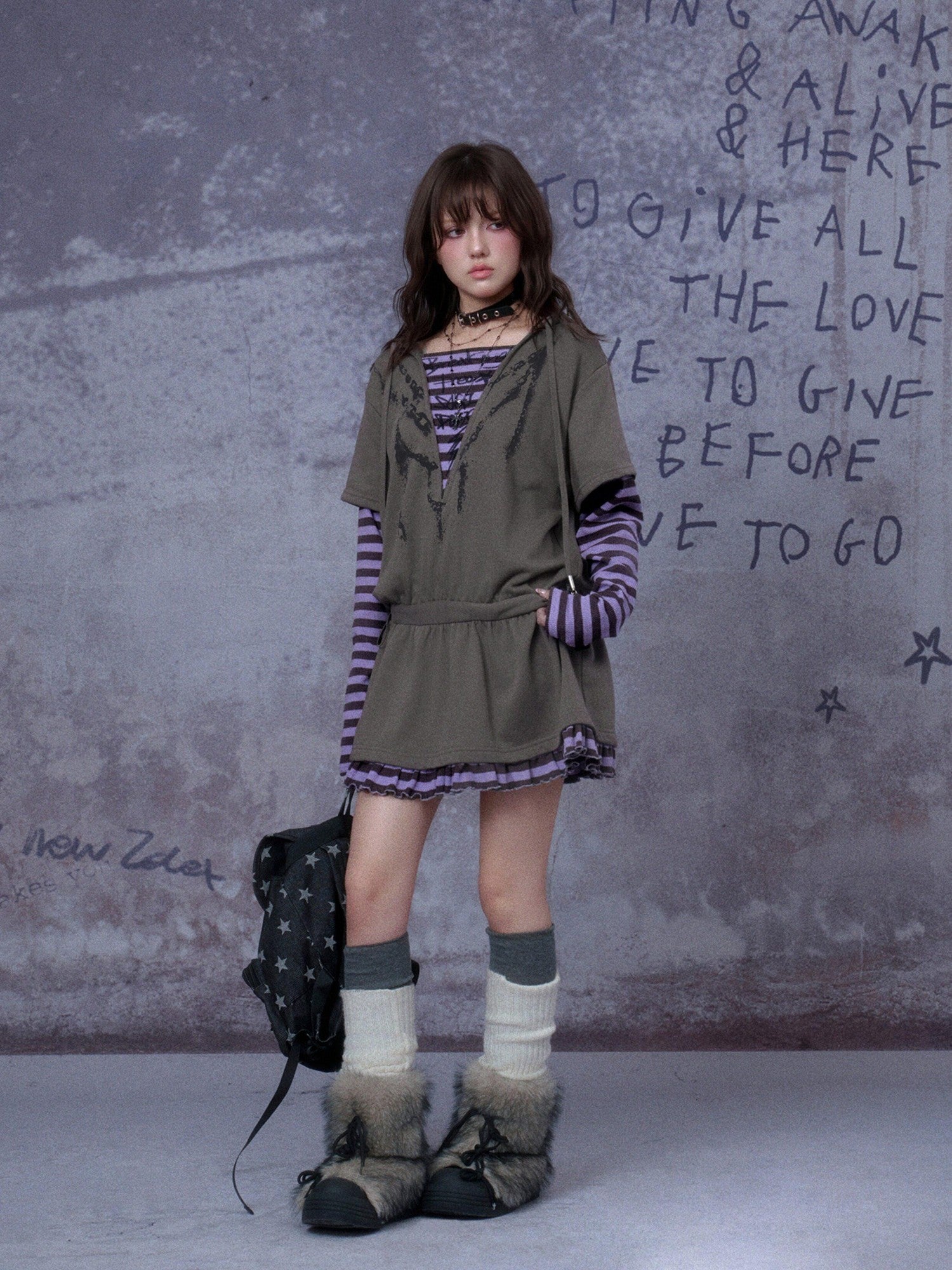 SagiDolls Grey Hooded Printed Faux Layered Women's Cotton Blend Casual Mini Dresses